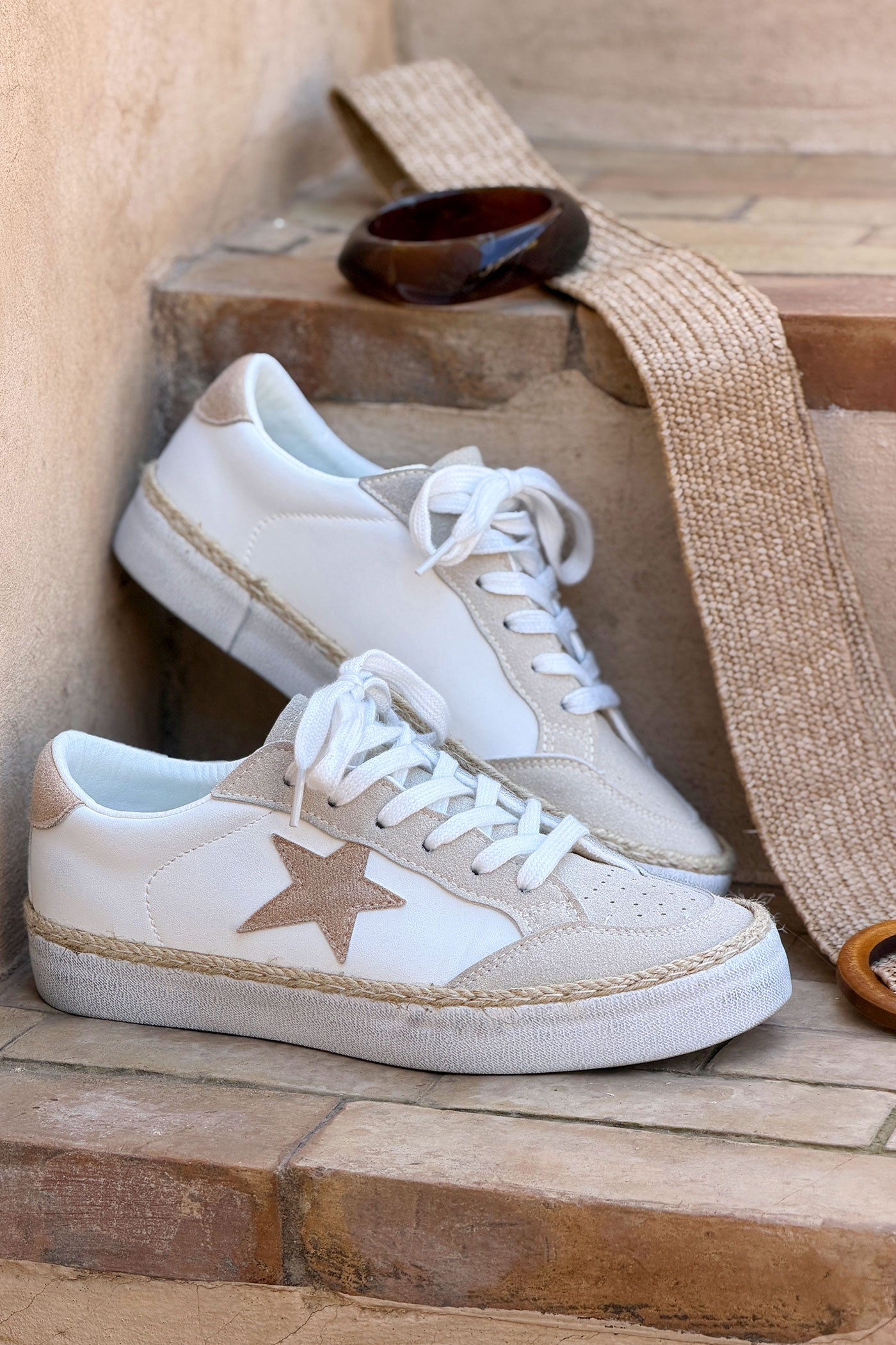 White Retro Star Rope Trim Sneakers