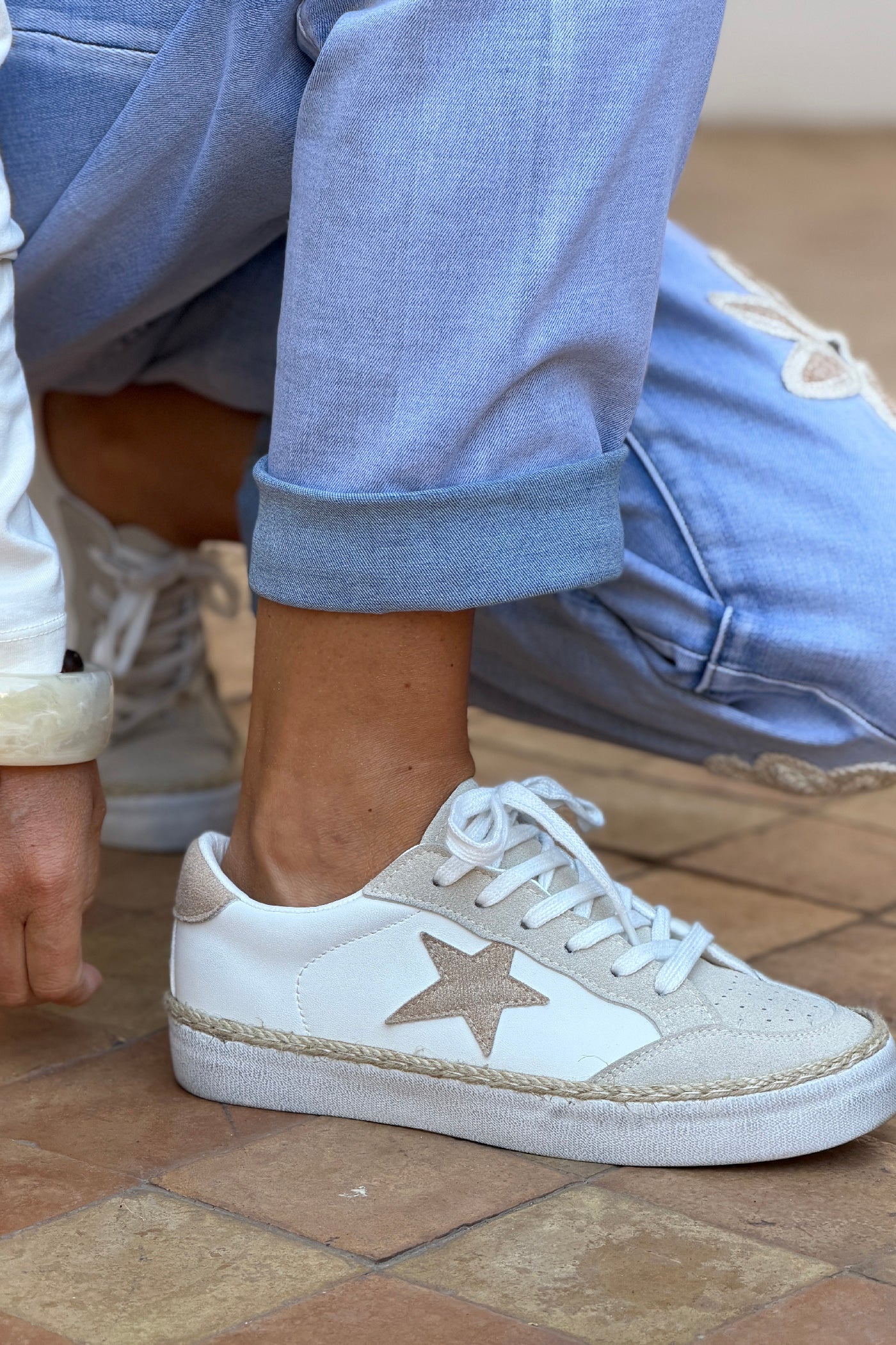 White Retro Star Rope Trim Sneakers