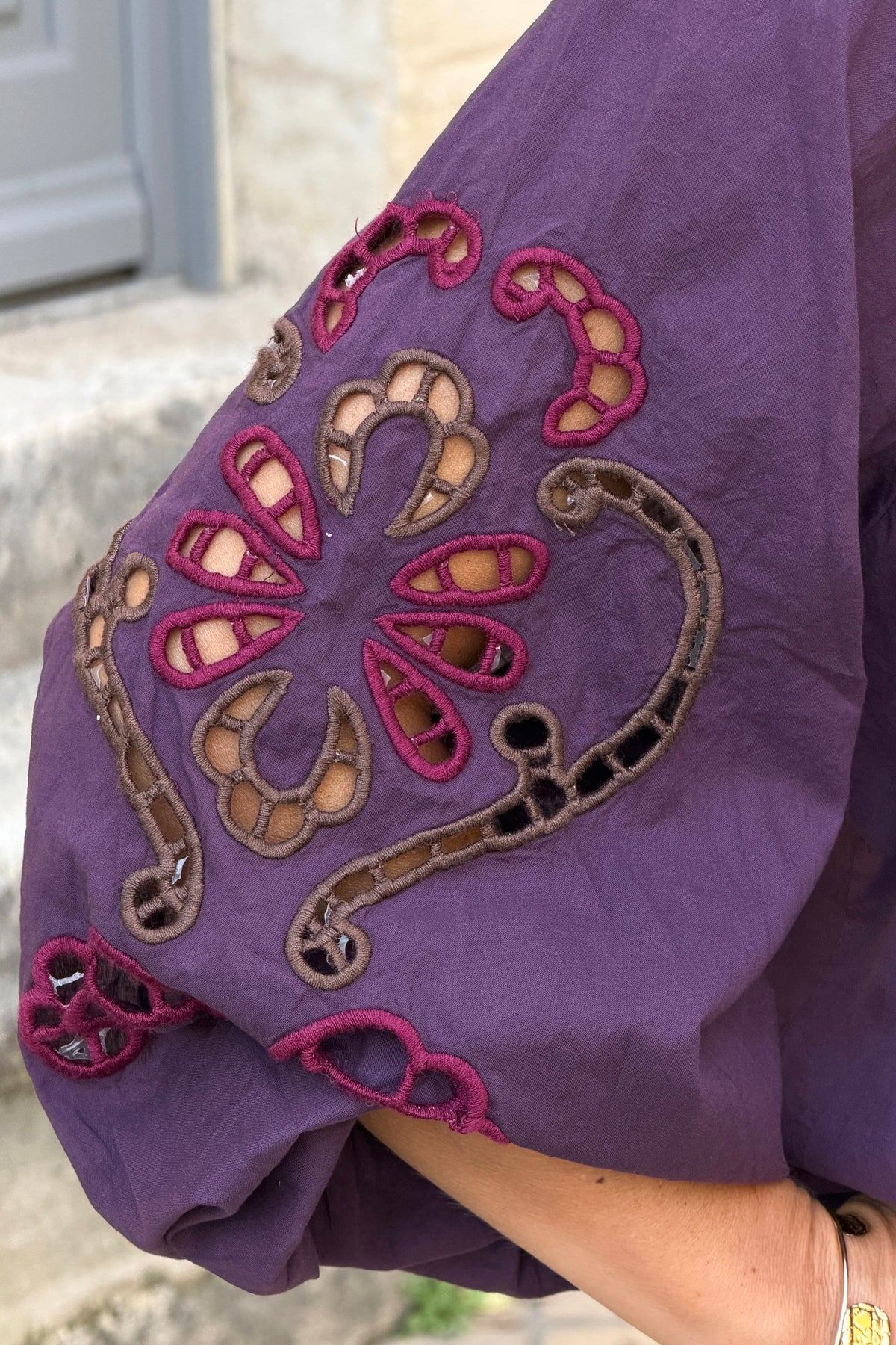 Aubergine Embroidered Cutout Sleeve Peasant Blouse