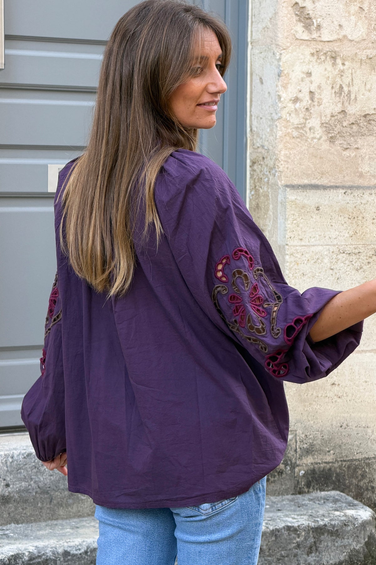 Aubergine Embroidered Cutout Sleeve Peasant Blouse