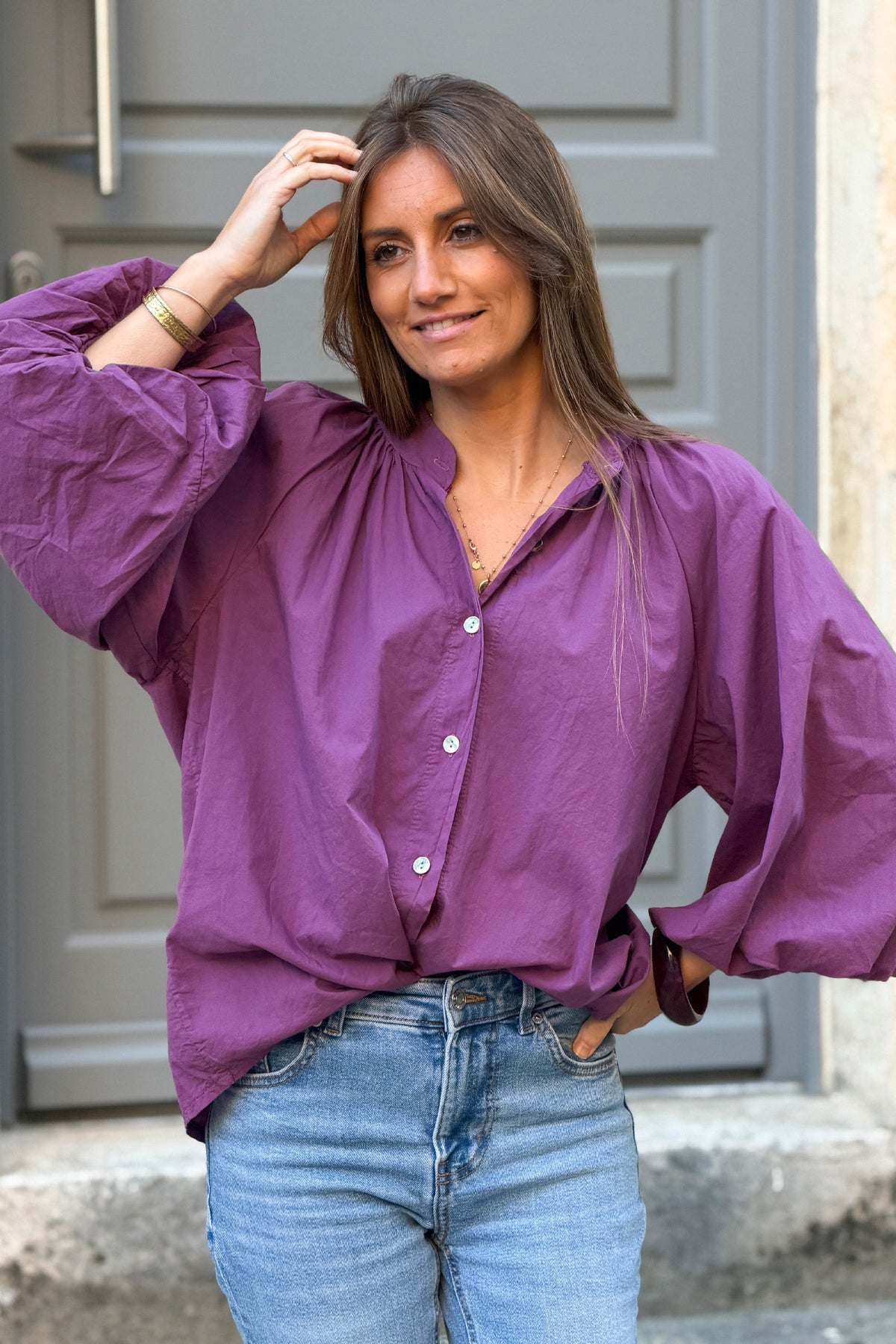 Aubergine Cotton Blouson Sleeve Blouse
