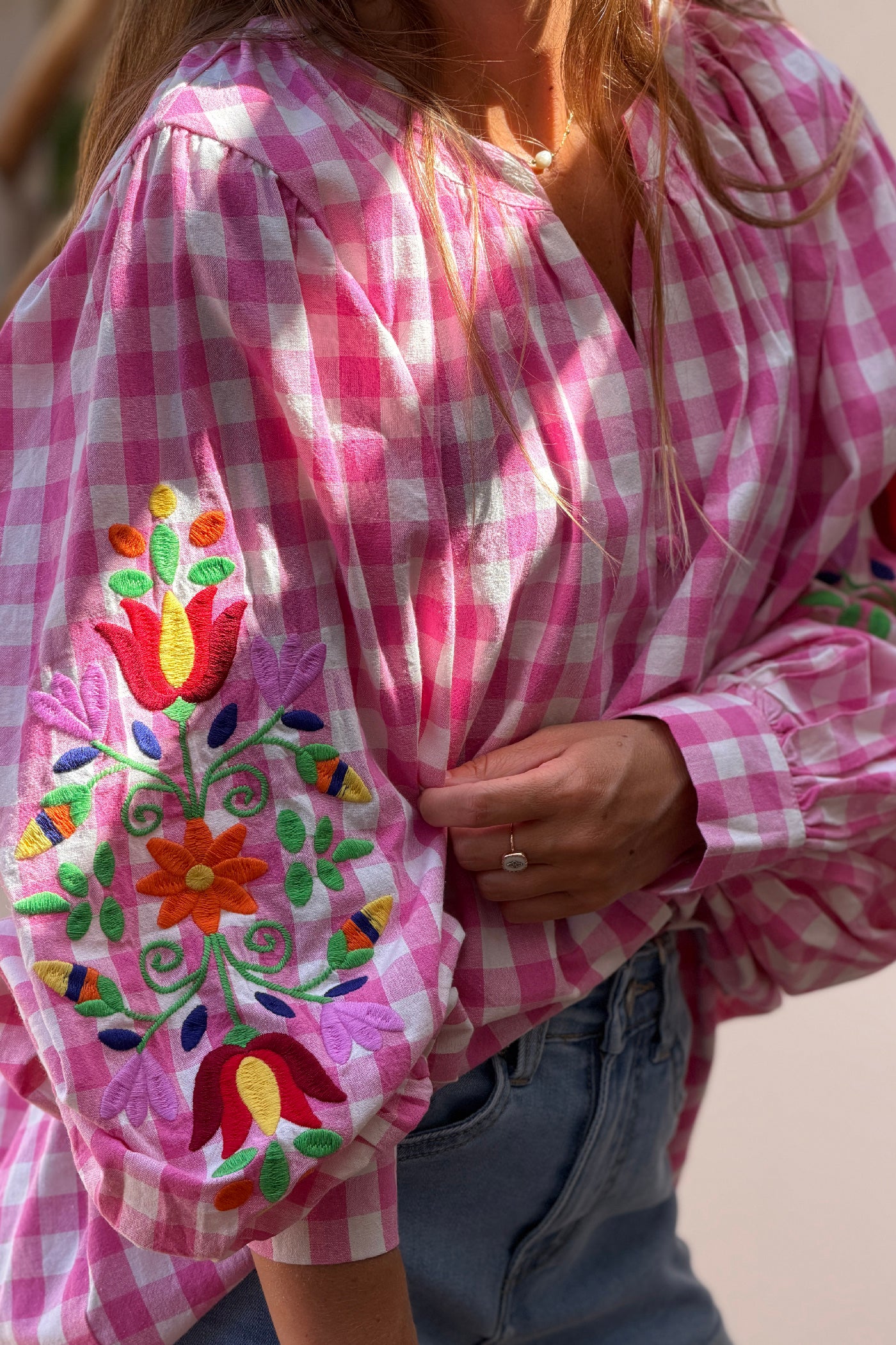Pink Gingham Spring Flowers Embroidered Blouse