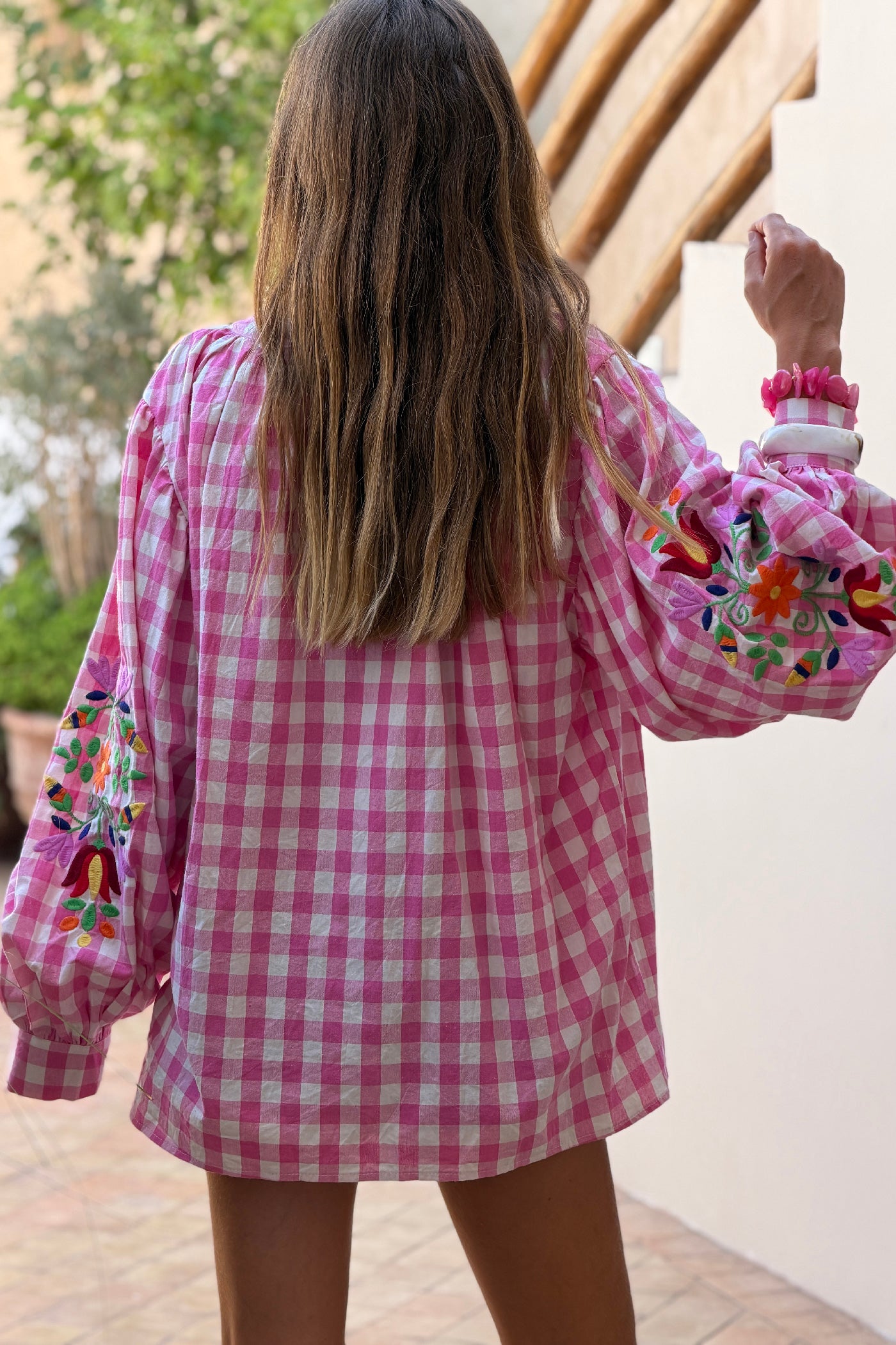 Pink Gingham Spring Flowers Embroidered Blouse