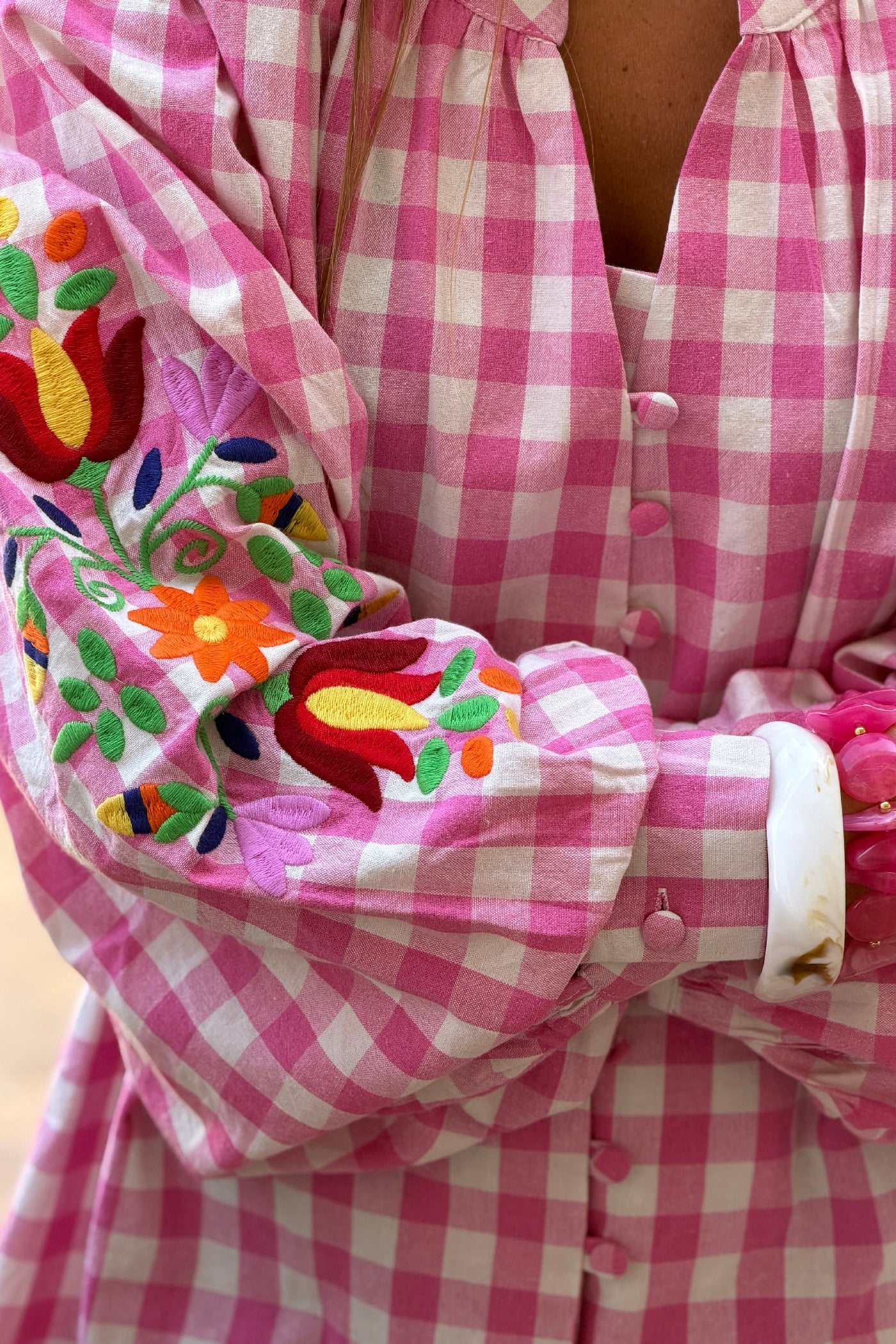 Pink Gingham Spring Flowers Embroidered Blouse