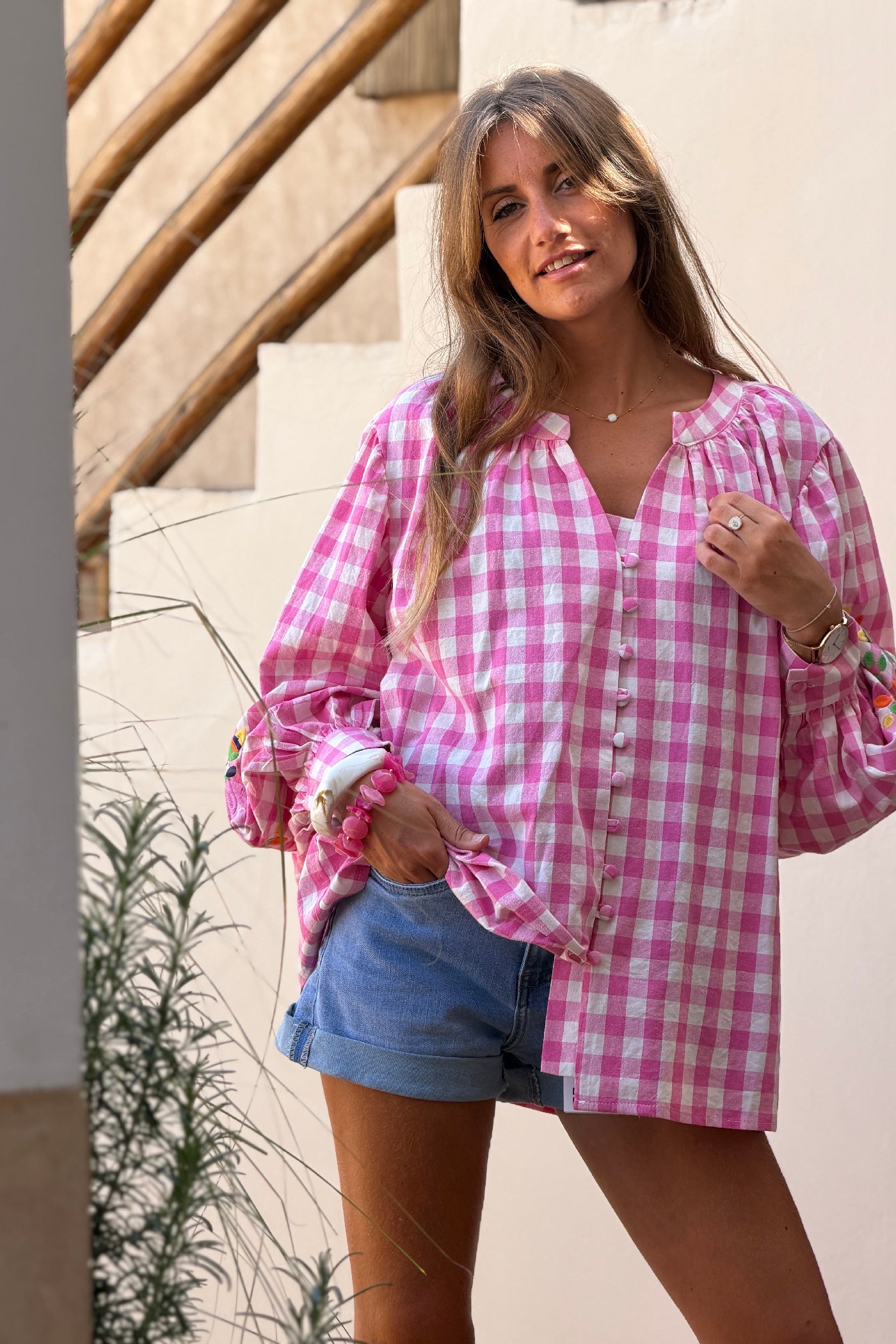 Pink Gingham Spring Flowers Embroidered Blouse