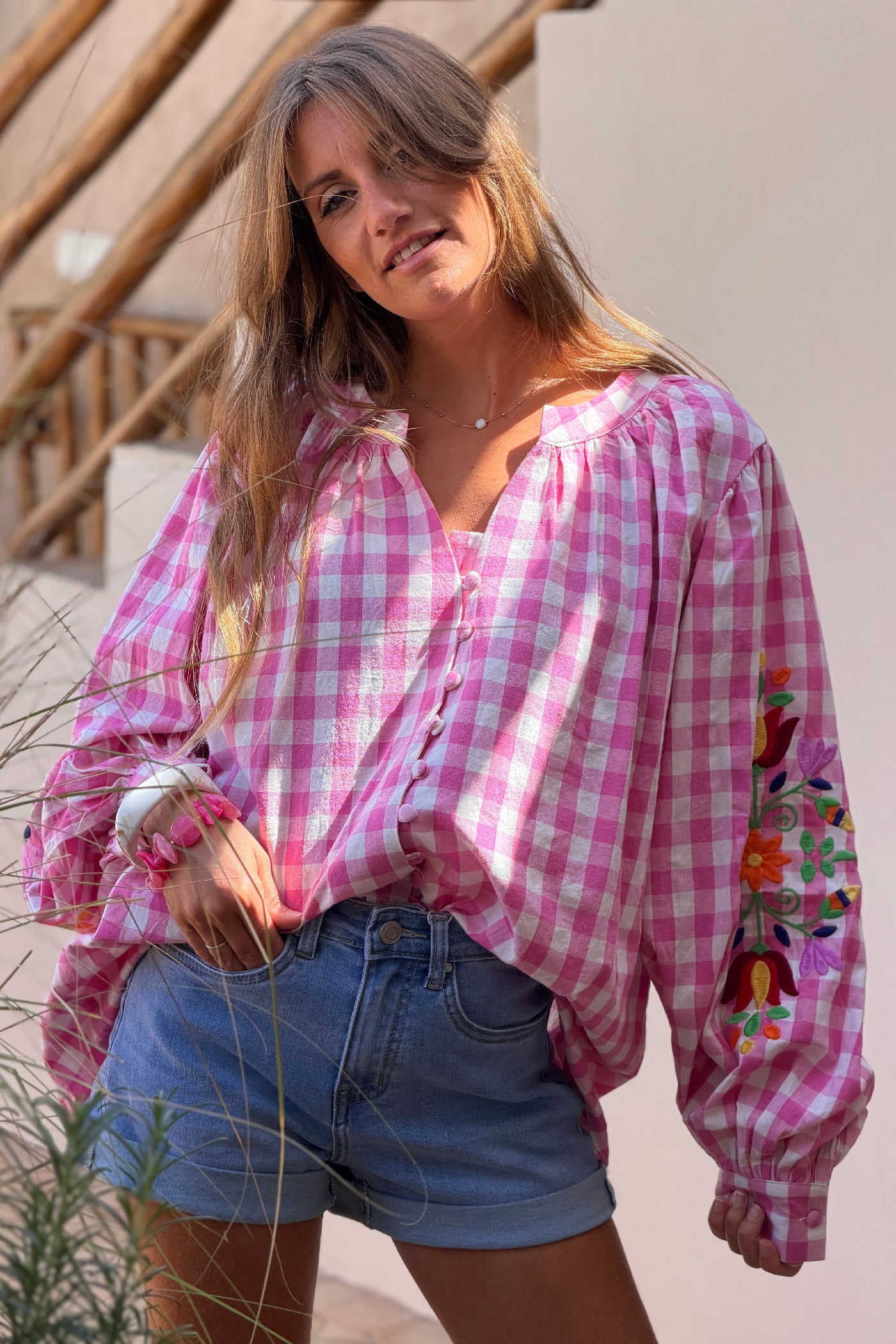 Pink Gingham Spring Flowers Embroidered Blouse