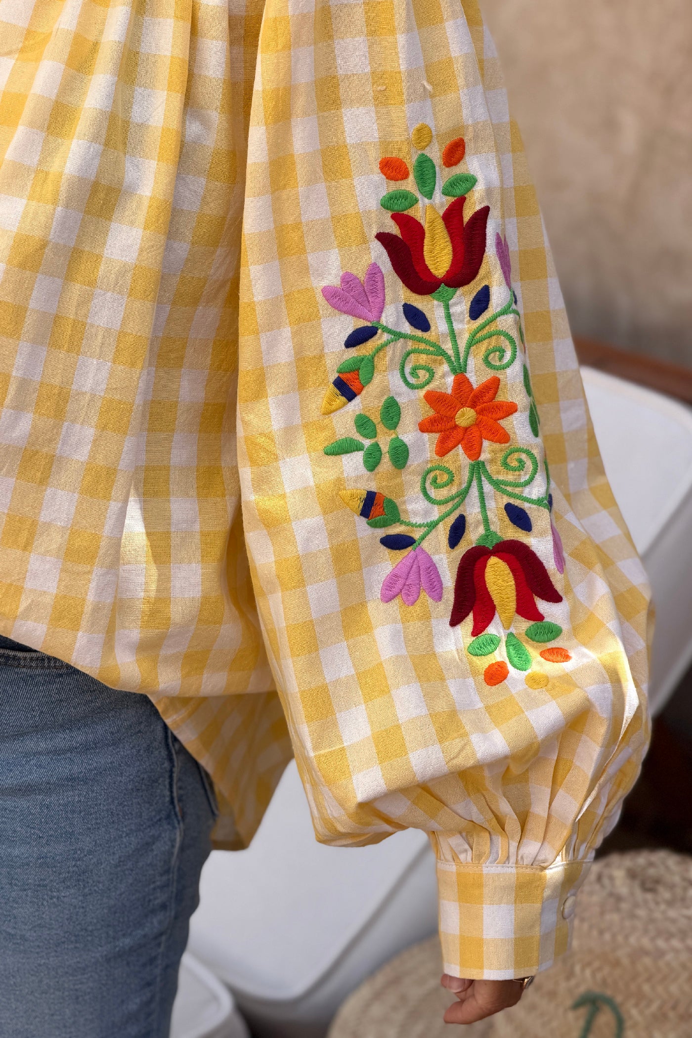 Yellow Gingham Spring Flowers Embroidered Blouse