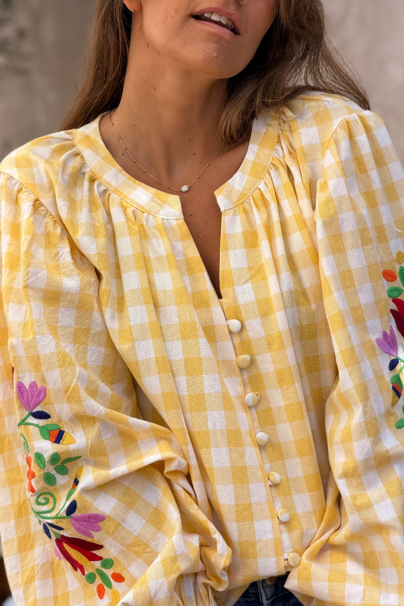 Yellow Gingham Spring Flowers Embroidered Blouse