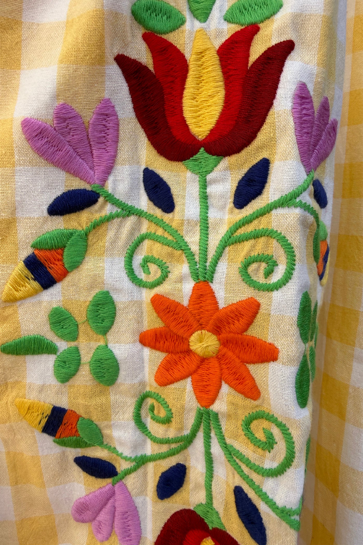 Yellow Gingham Spring Flowers Embroidered Blouse