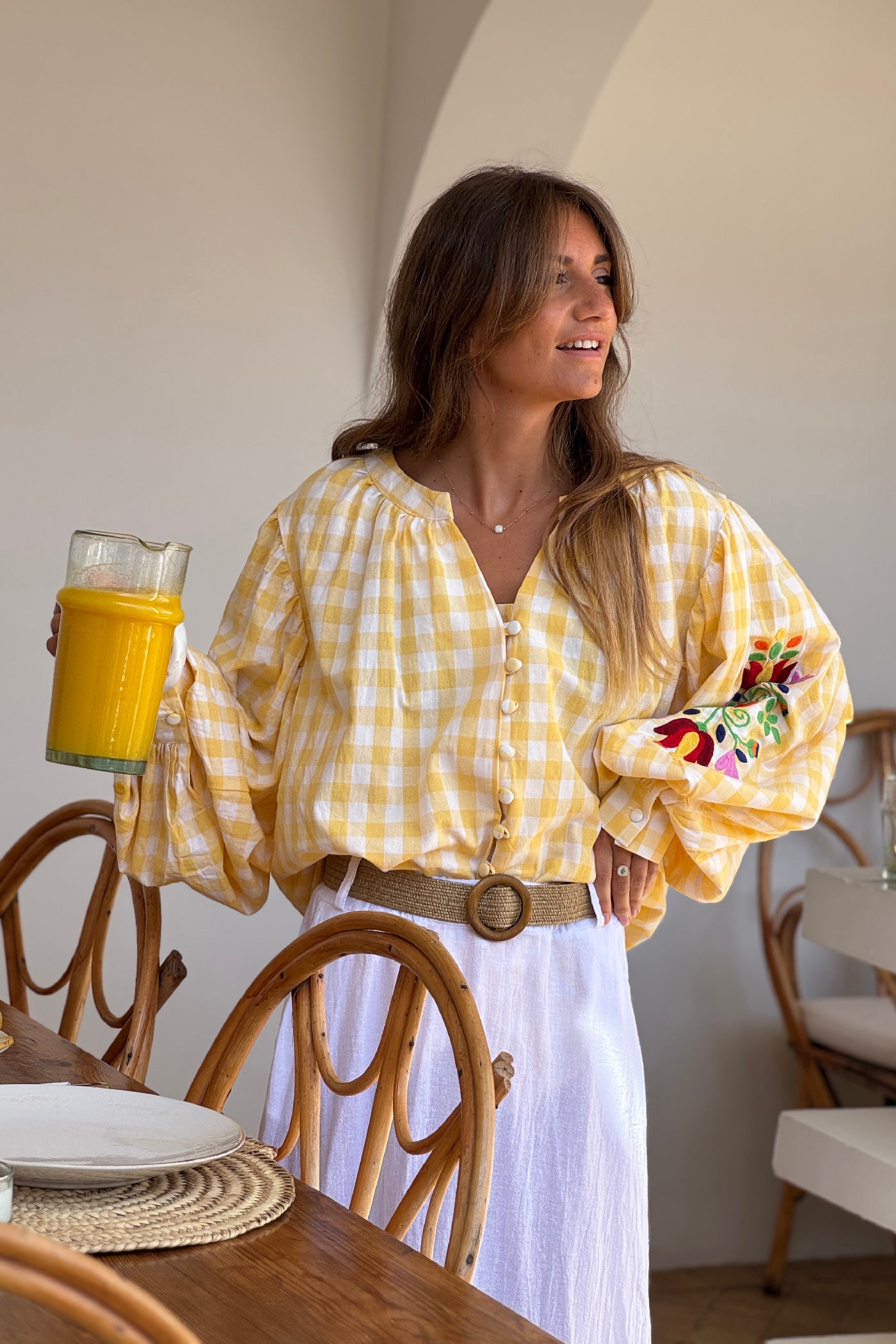 Yellow Gingham Spring Flowers Embroidered Blouse