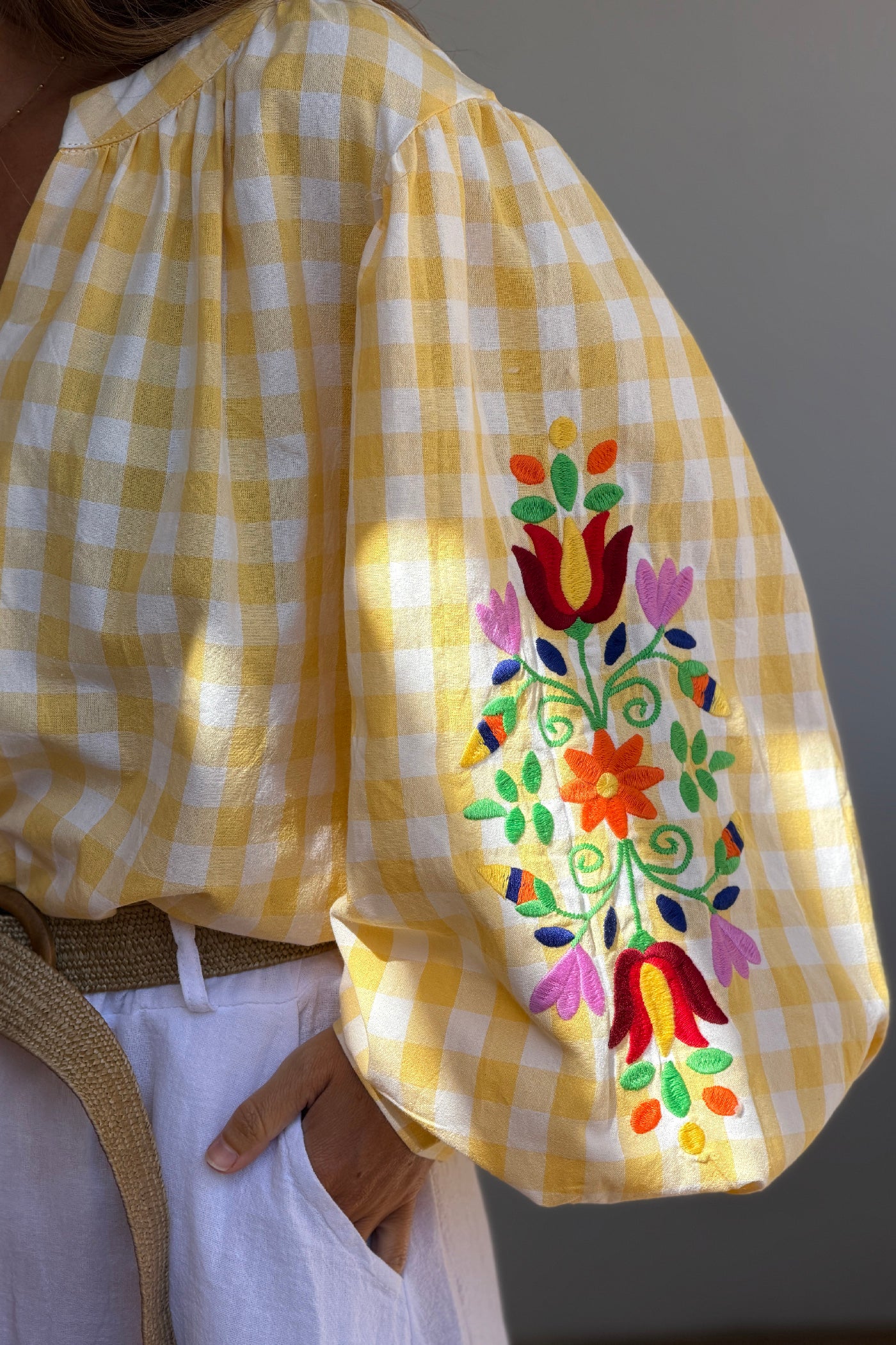 Yellow Gingham Spring Flowers Embroidered Blouse