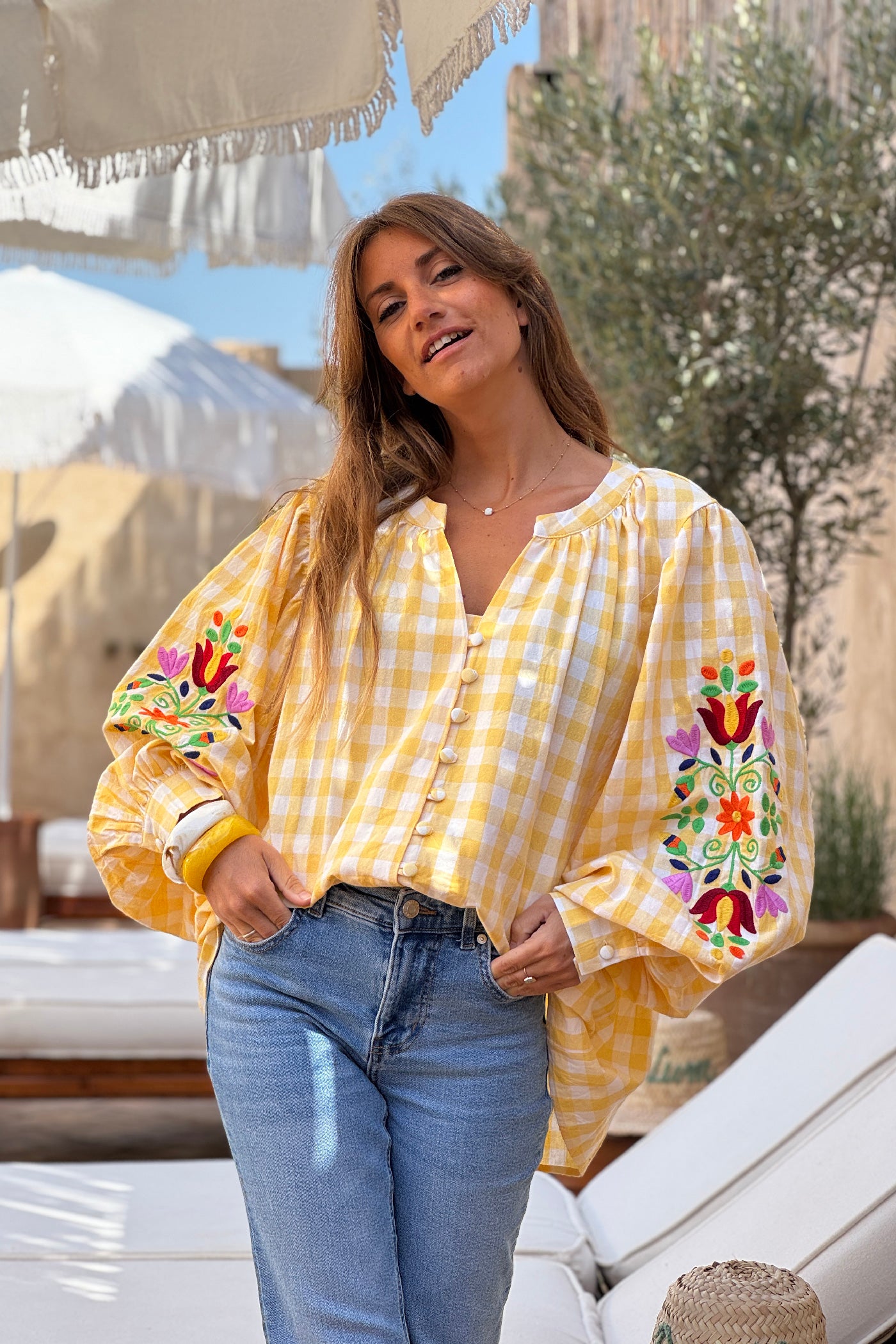 Yellow Gingham Spring Flowers Embroidered Blouse