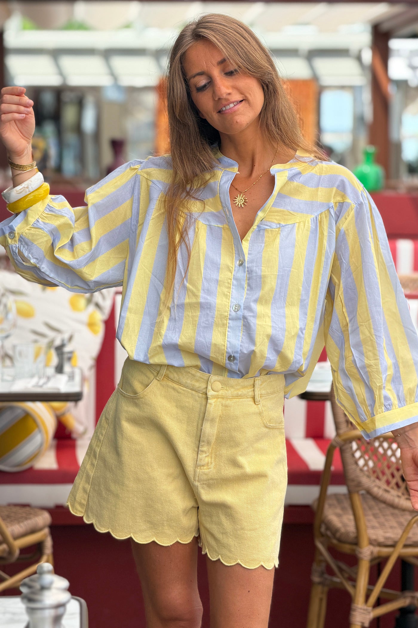 Blue Striped Yoke Front Blouson Top