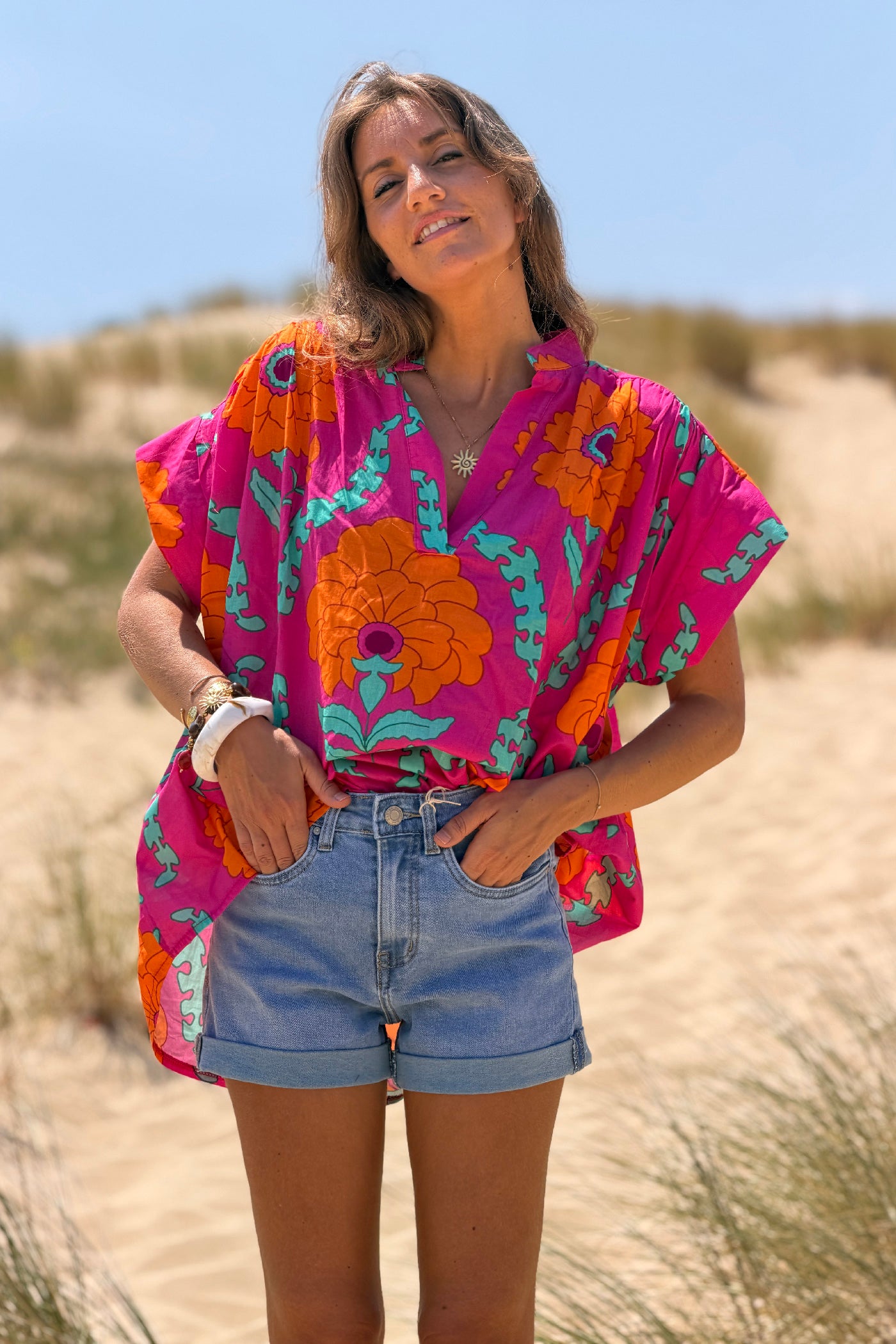 Hot Pink Tropical Floral Dolman Blouse