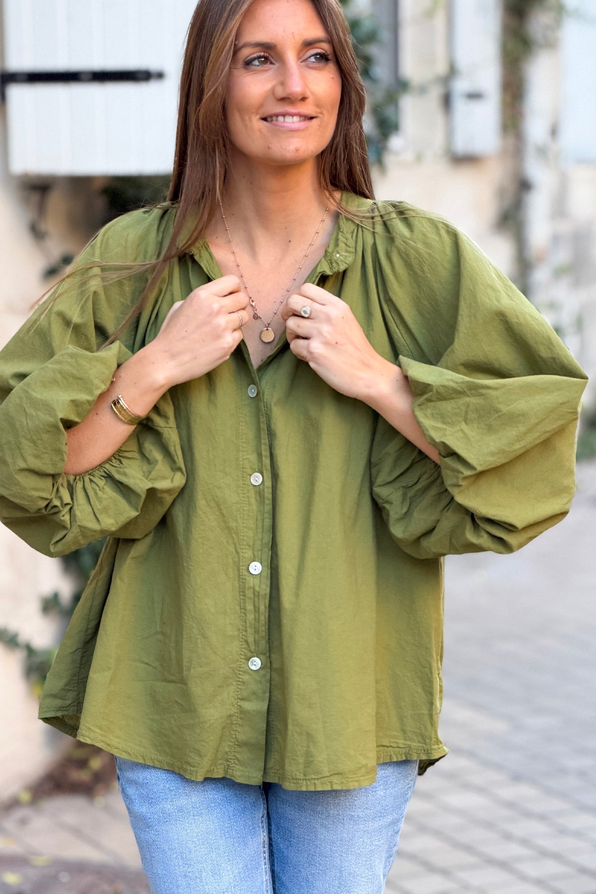 Moss Green Cotton Blouson Sleeve Blouse