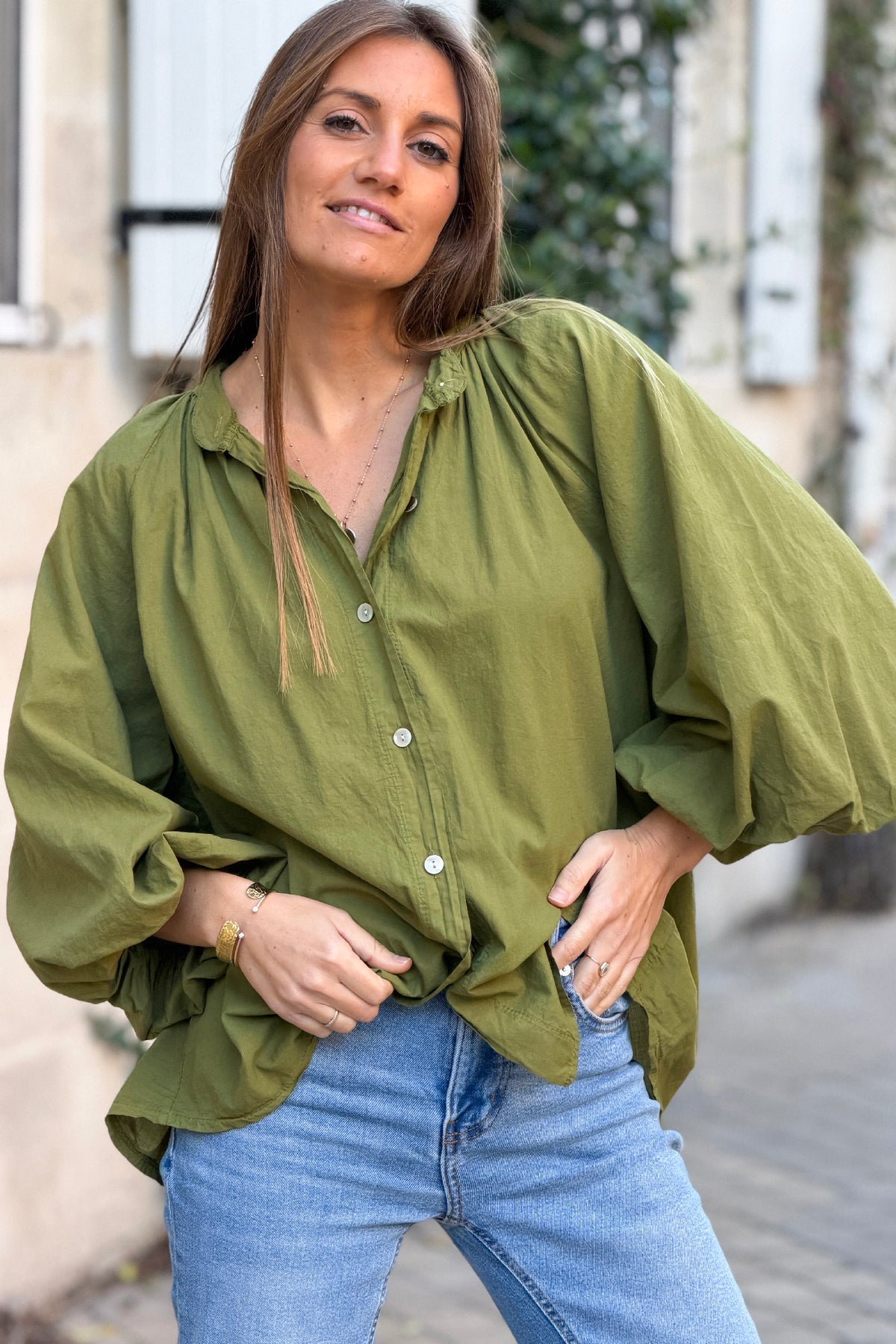 Moss Green Cotton Blouson Sleeve Blouse