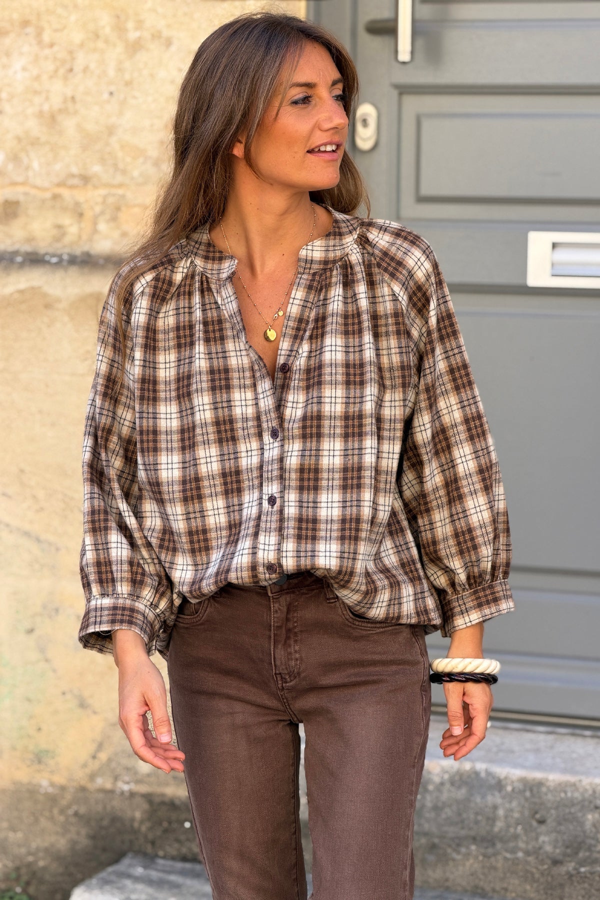 Blouse toucher flanelle doux à carreaux Ecossais beige