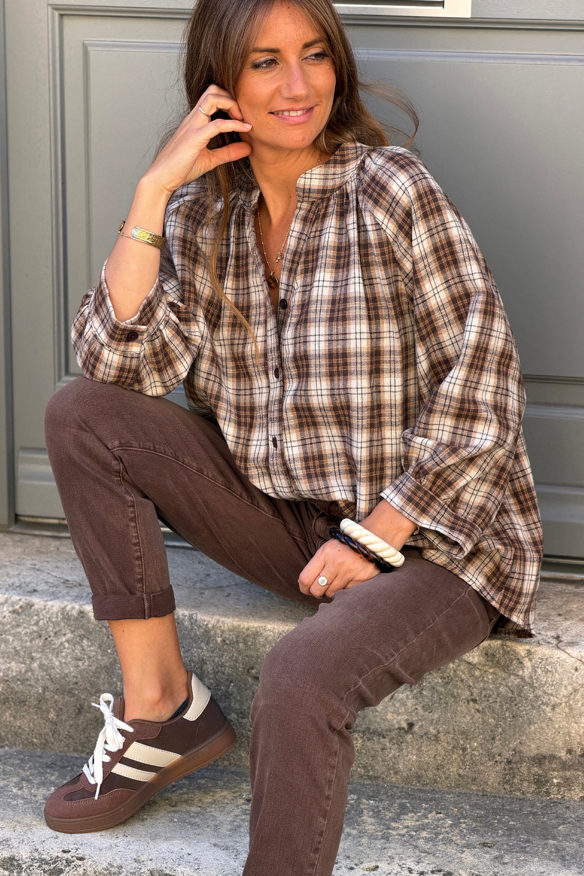 Blouse toucher flanelle doux à carreaux Ecossais beige