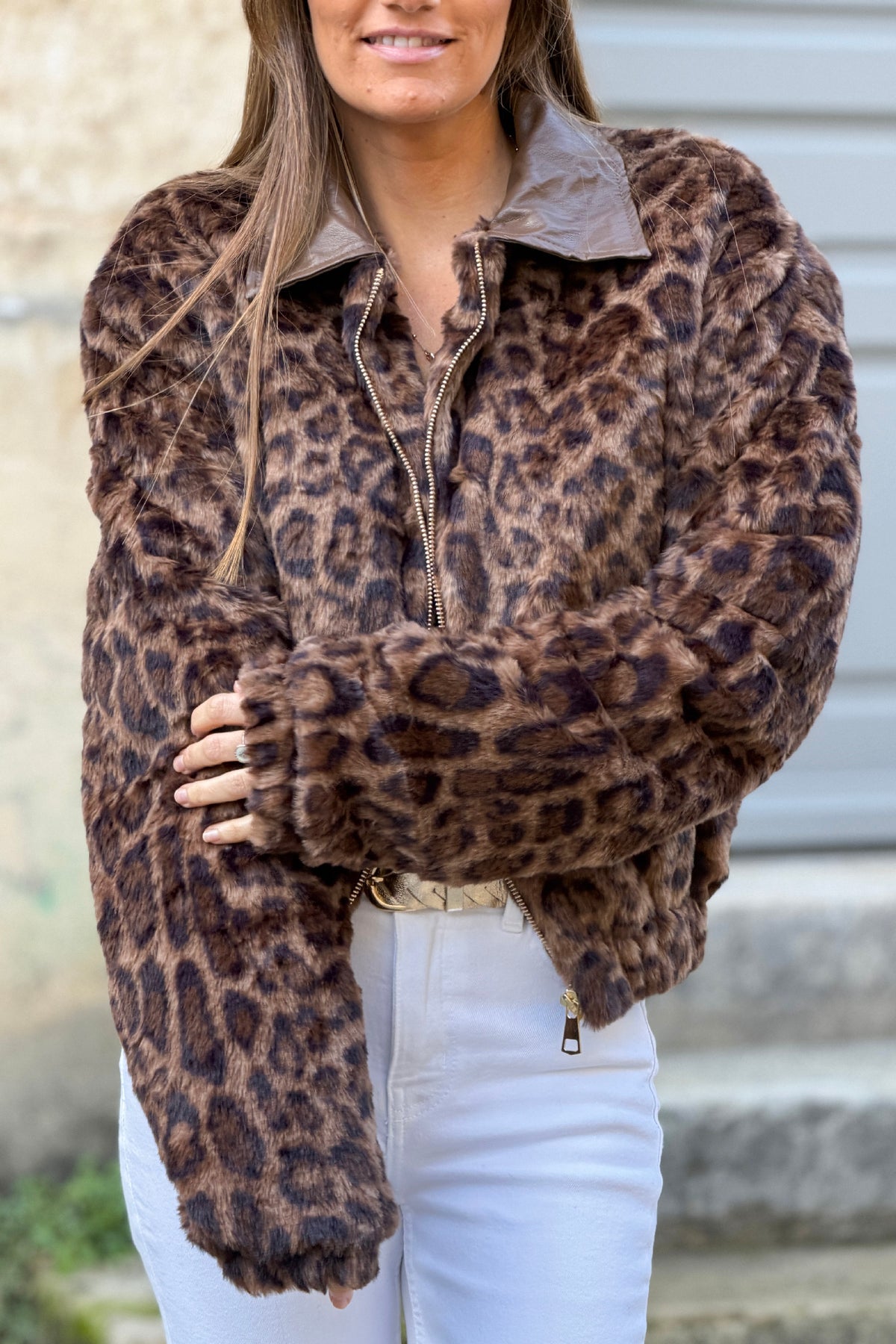 Leopard Print Plush Zip-Up Jacket