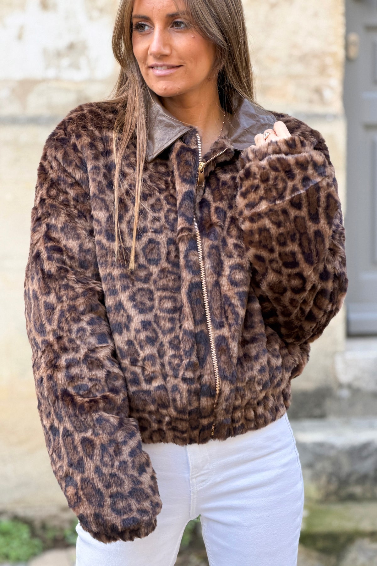 Leopard Print Plush Zip-Up Jacket
