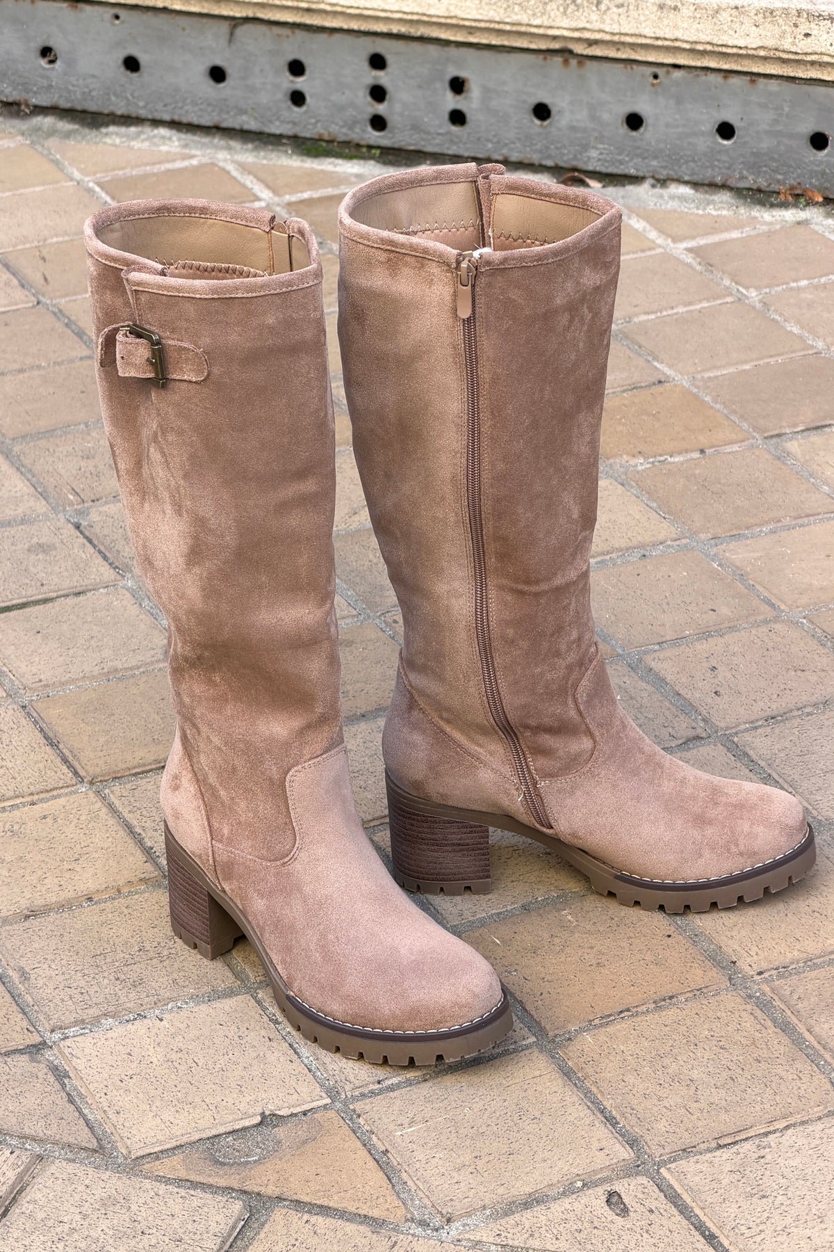 Taupe Suedette Pull-On Boots with Buckle