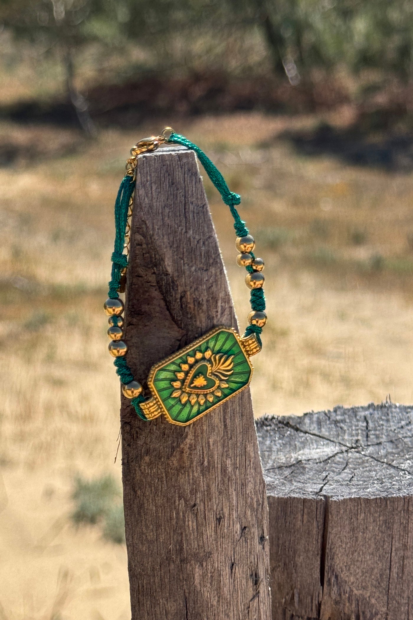 Green Enamel Plaque and Gold Bead Bracelet
