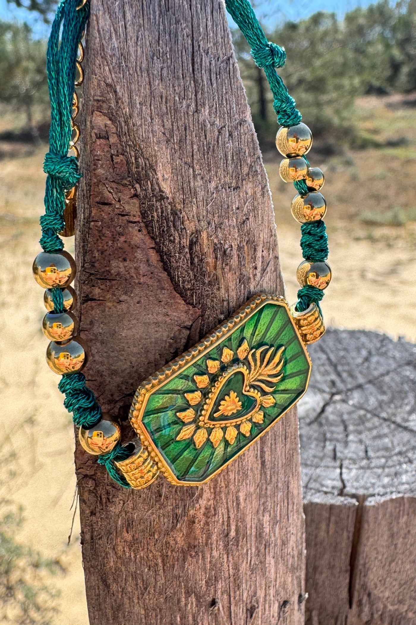Green Enamel Plaque and Gold Bead Bracelet
