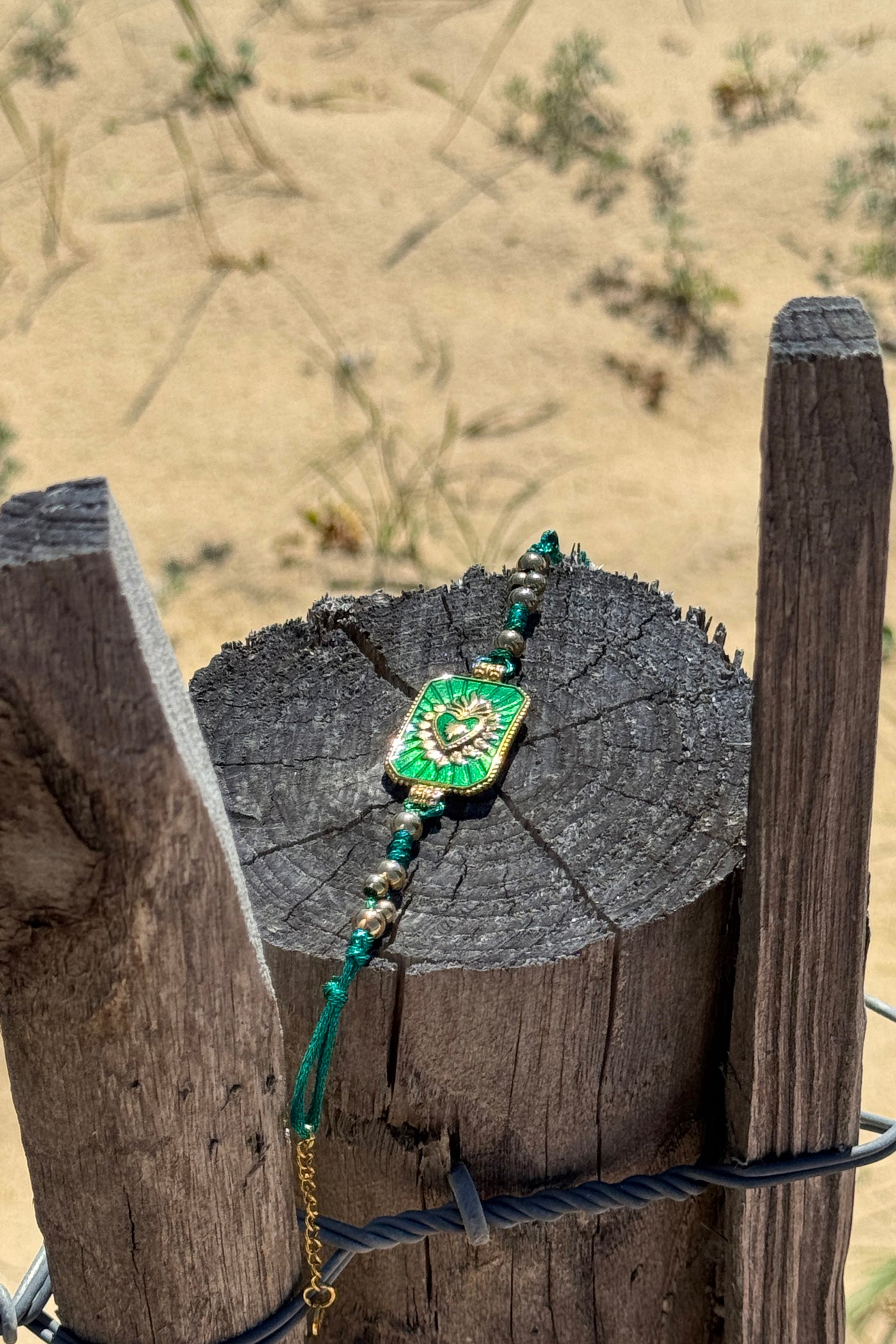 Green Enamel Plaque and Gold Bead Bracelet