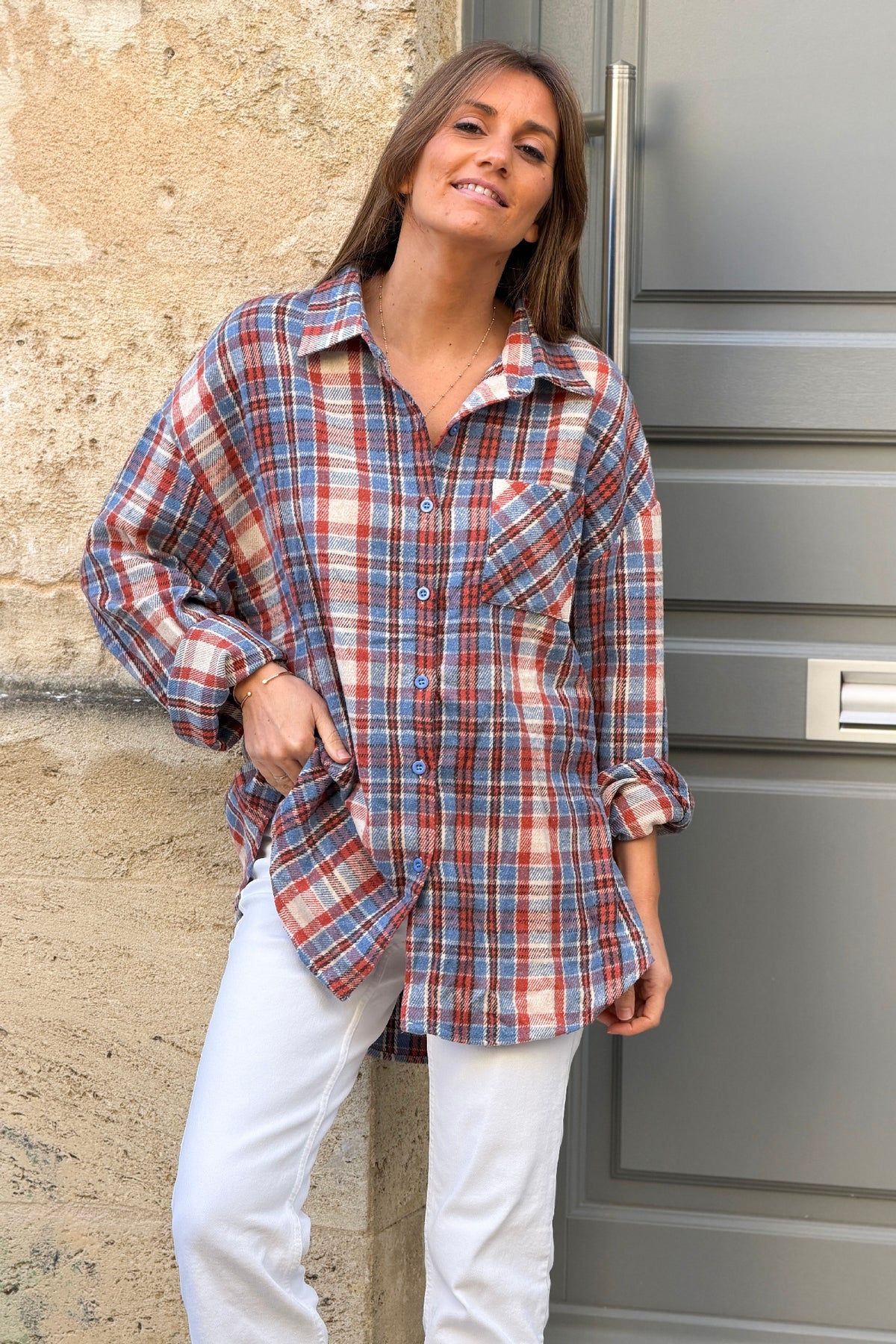 Blue Plaid Boyfriend Button-Down
