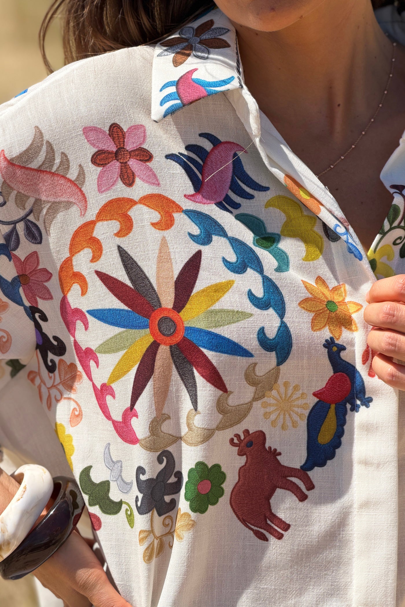 White Folk Art Animal Parade Button-Down Blouse
