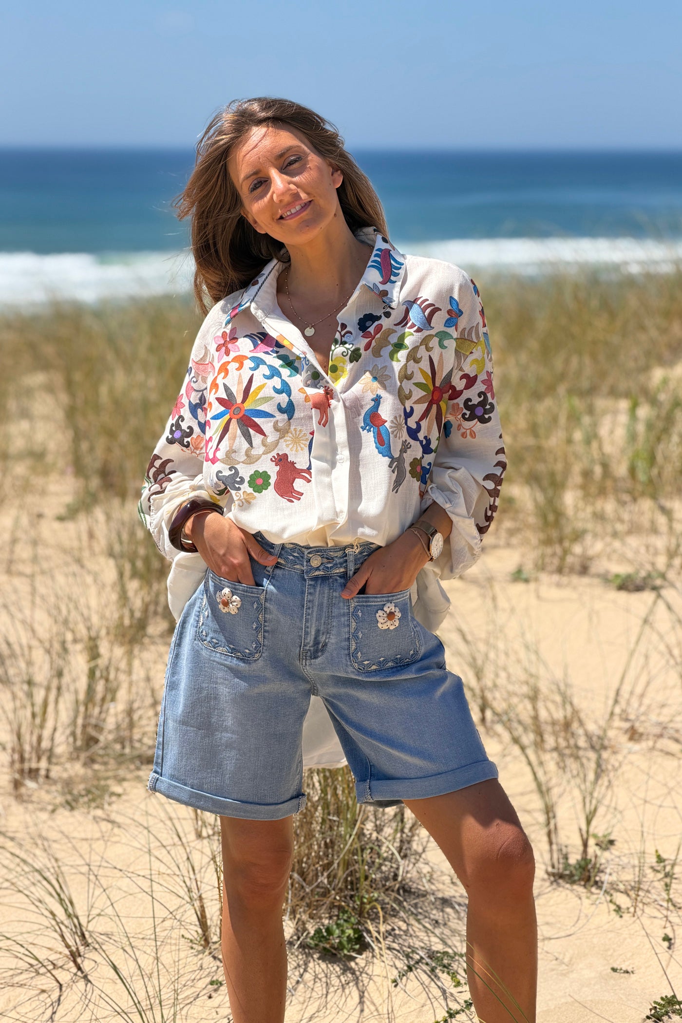 White Folk Art Animal Parade Button-Down Blouse