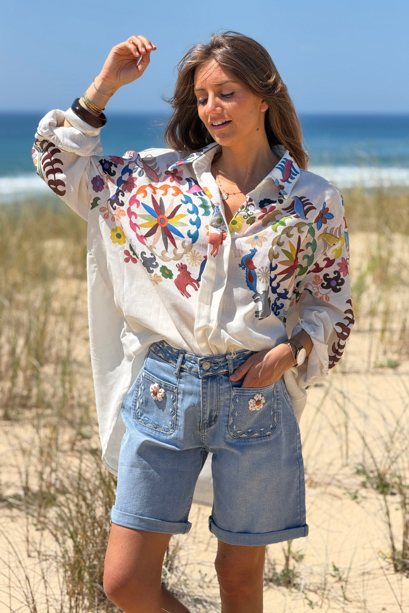 White Folk Art Animal Parade Button-Down Blouse