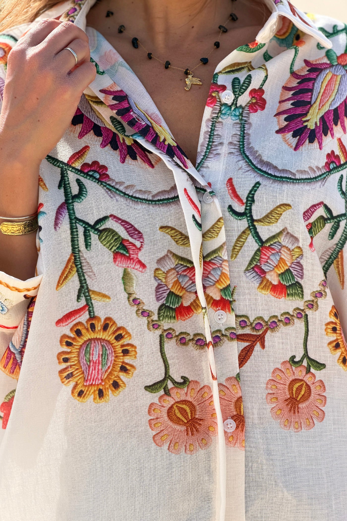 Beige Embroidered effect Folk Garden Button-Down Blouse