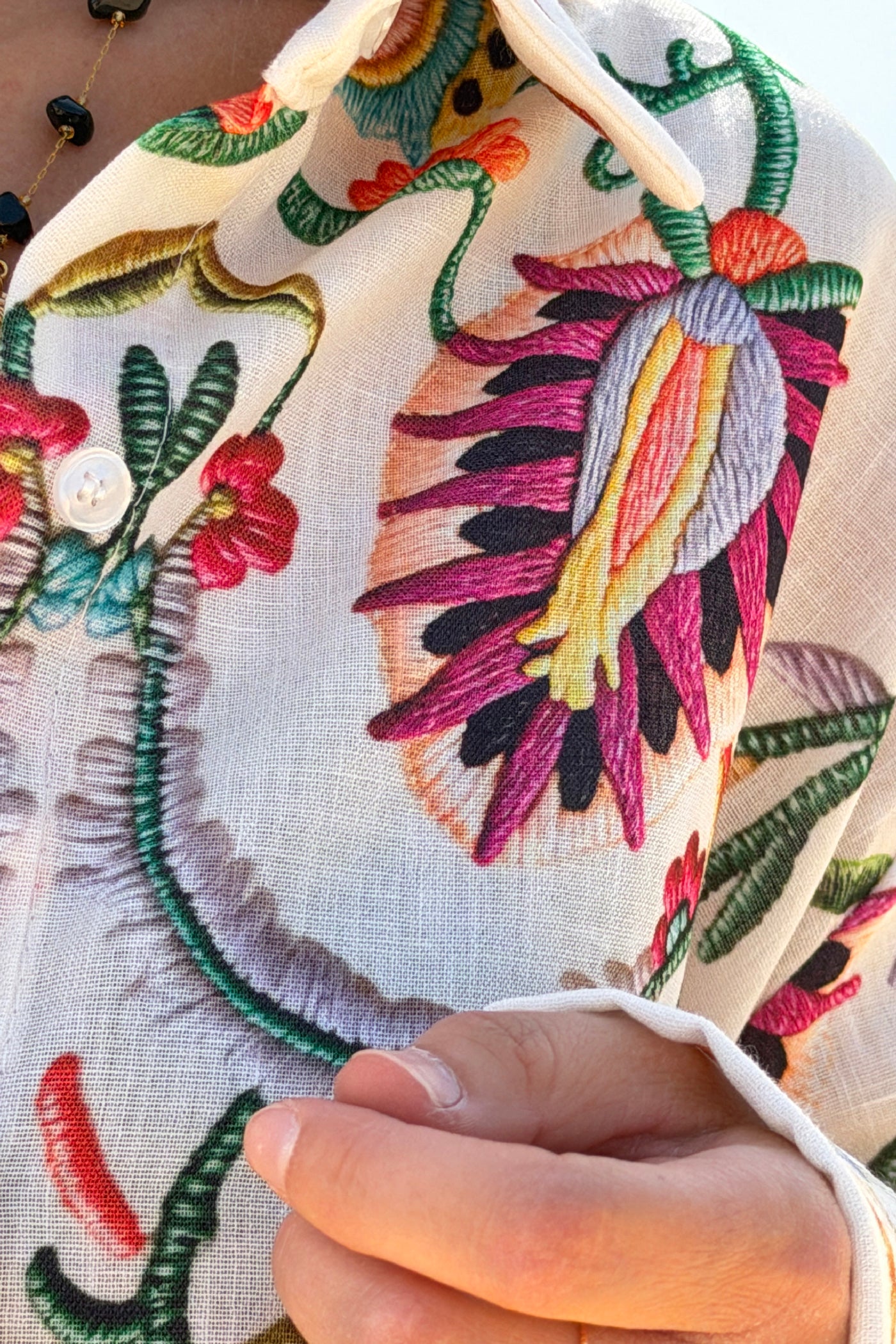 Beige Embroidered effect Folk Garden Button-Down Blouse