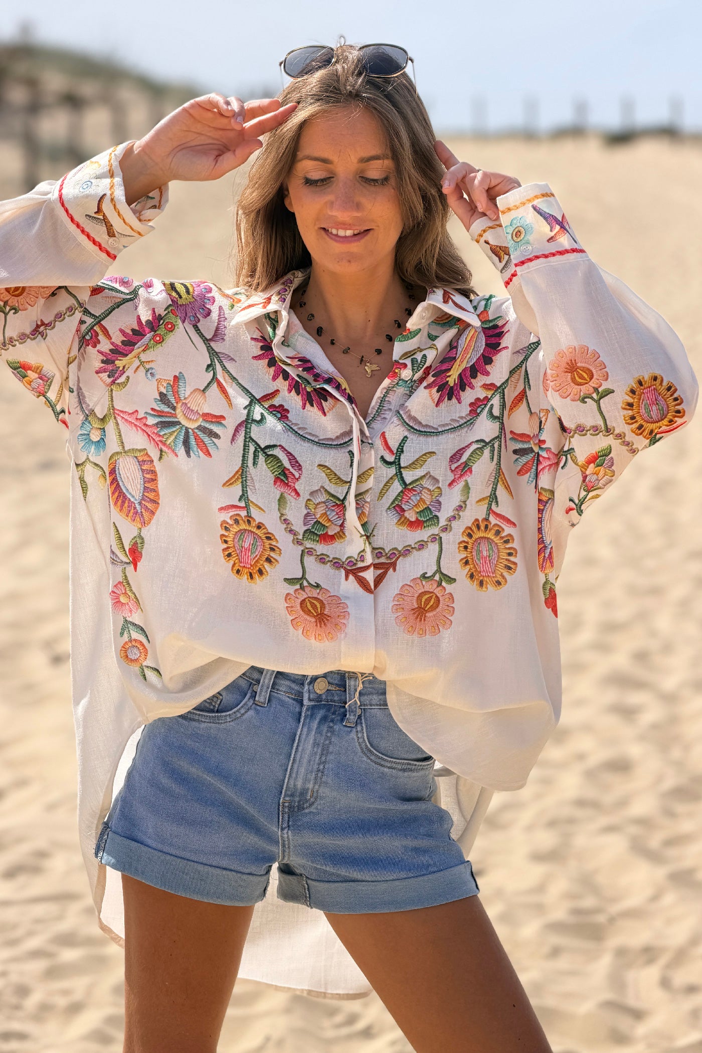 Beige Embroidered effect Folk Garden Button-Down Blouse