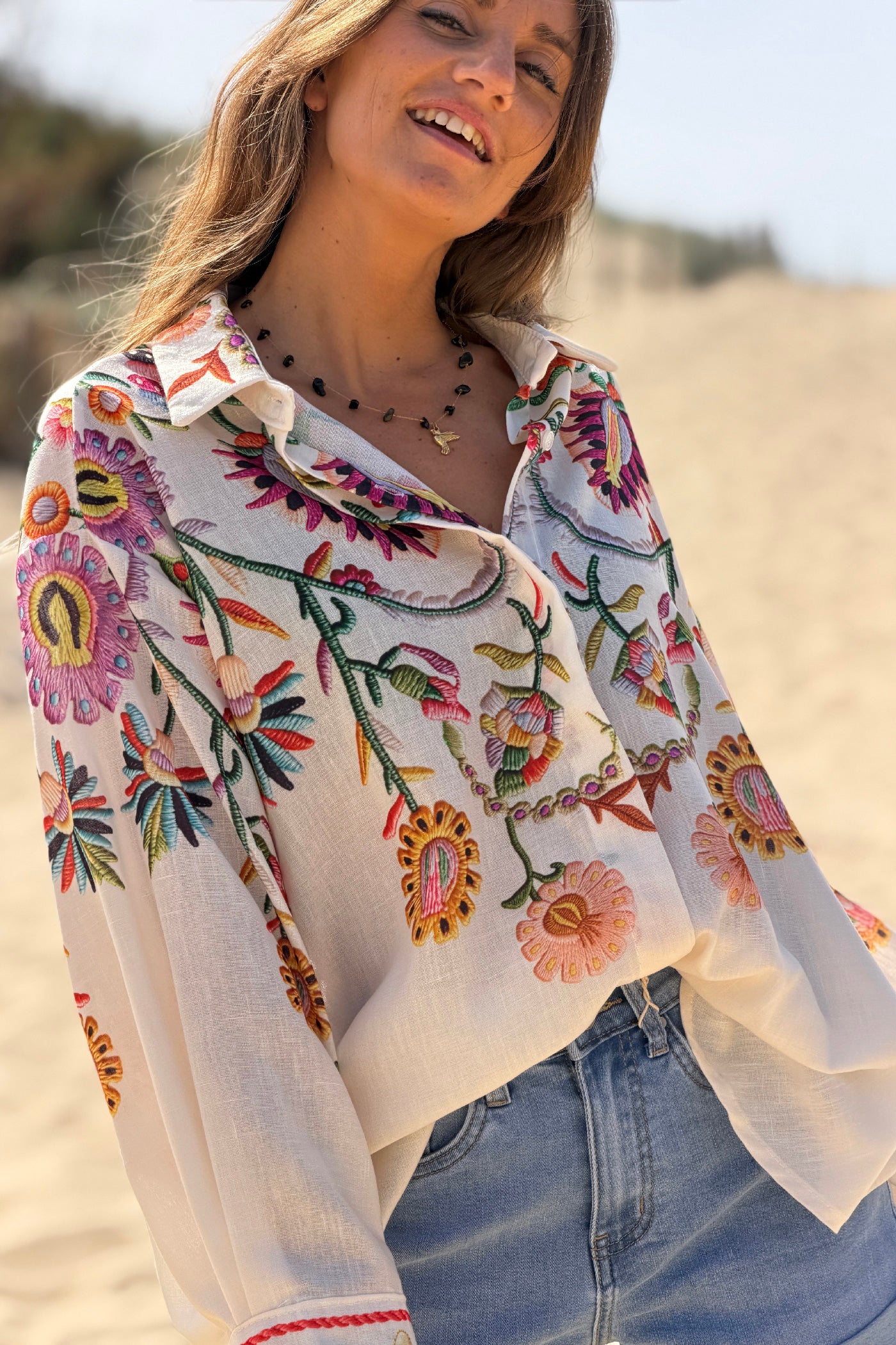 Beige Embroidered effect Folk Garden Button-Down Blouse