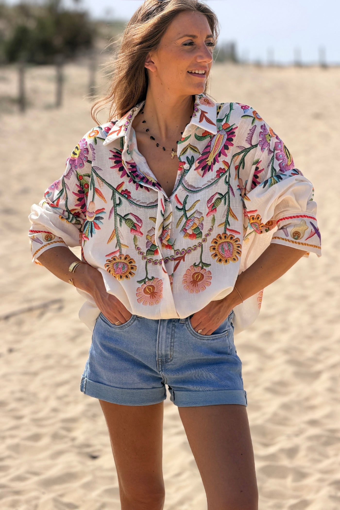 Beige Embroidered effect Folk Garden Button-Down Blouse