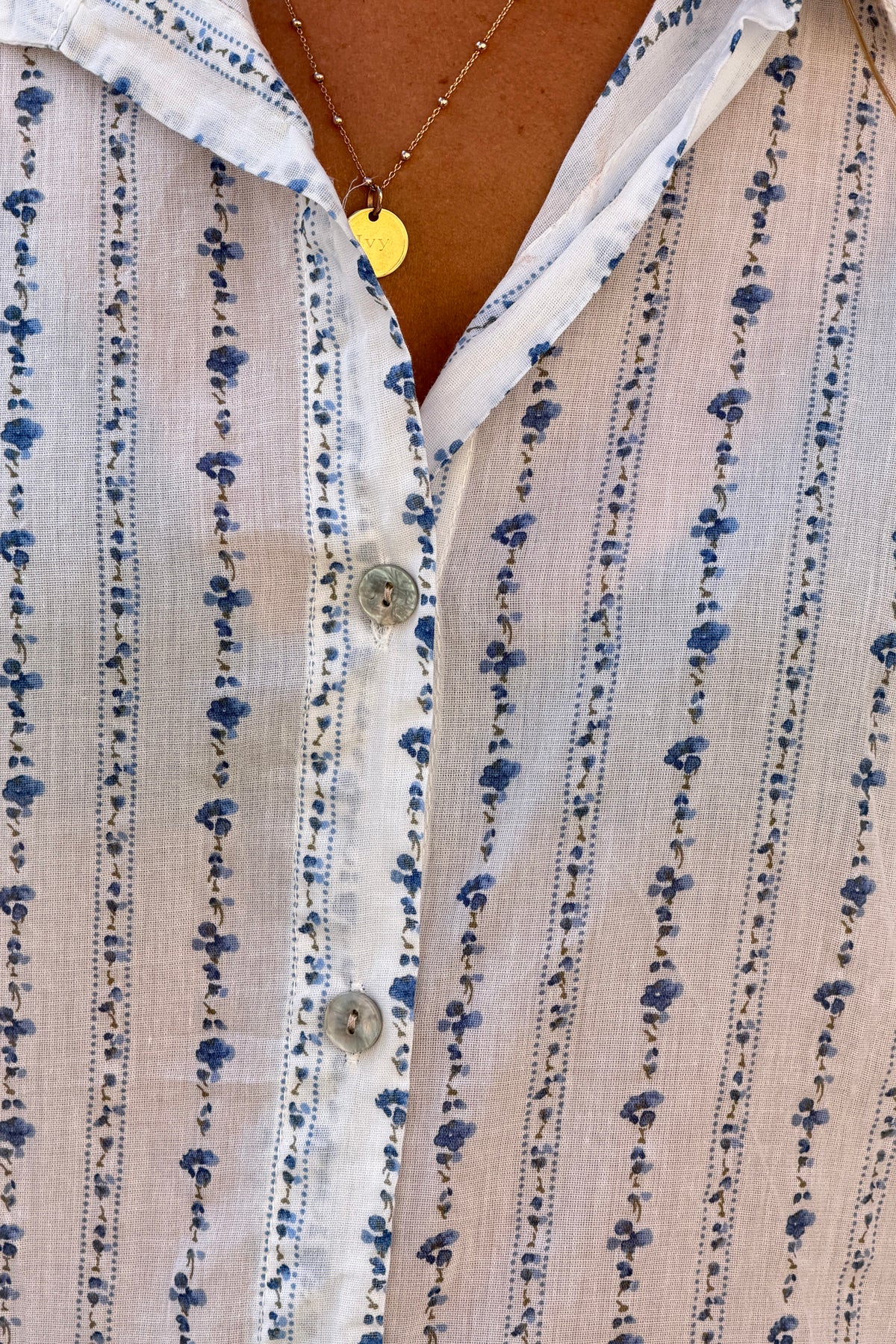 White Shabby Chic Floral Stripe Button-Down Shirt