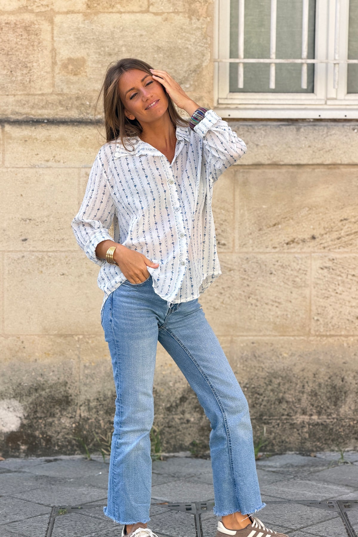 White Shabby Chic Floral Stripe Button-Down Shirt