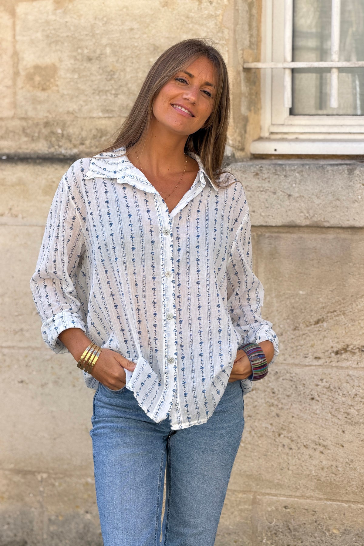 White Shabby Chic Floral Stripe Button-Down Shirt