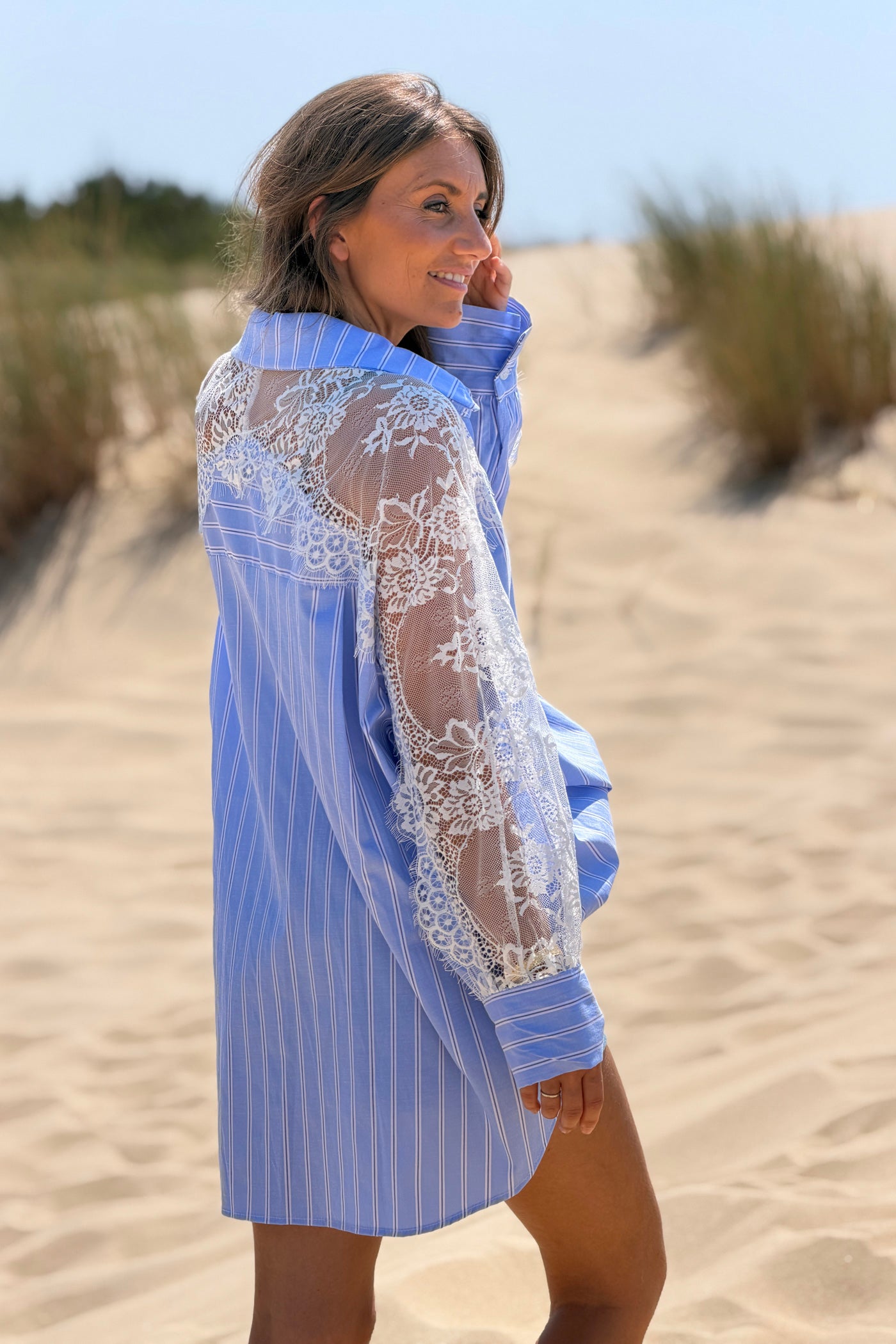 Blue Pinstripe and Lace Button-Down Blouse