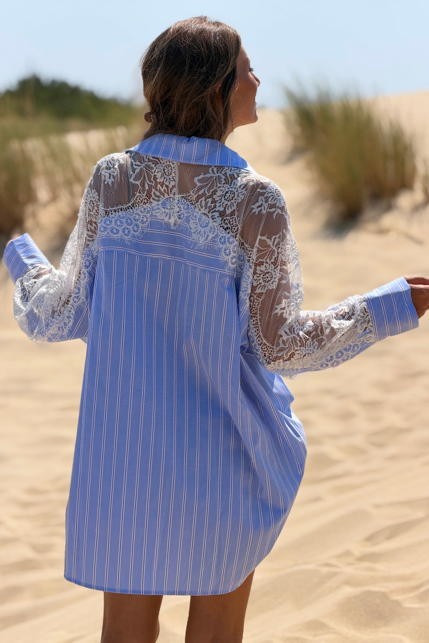 Blue Pinstripe and Lace Button-Down Blouse