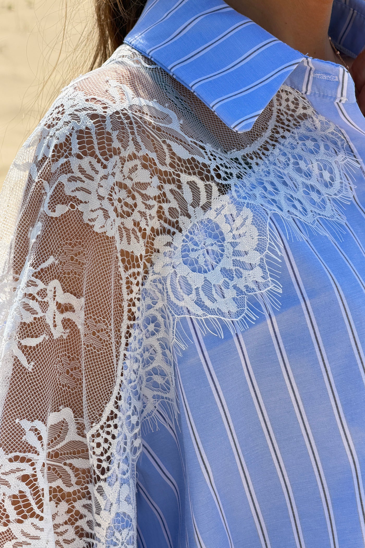 Blue Pinstripe and Lace Button-Down Blouse