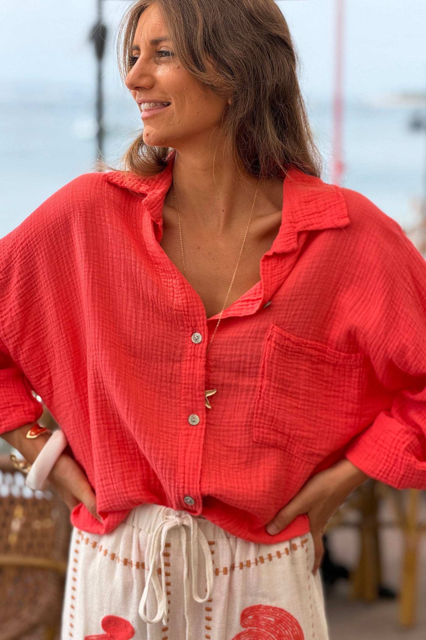 Red Coral Crinkle Gauze Button-Down Beach Shirt