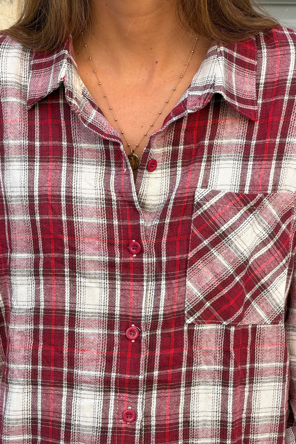 Chemise écrue en flanelle motifs carreaux tartan Ecossais bordeaux