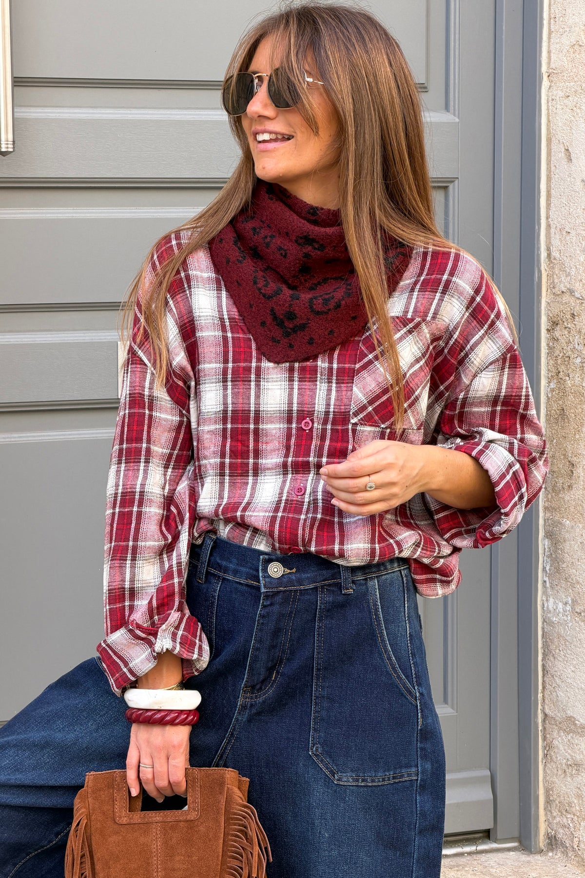 Chemise écrue en flanelle motifs carreaux tartan Ecossais bordeaux
