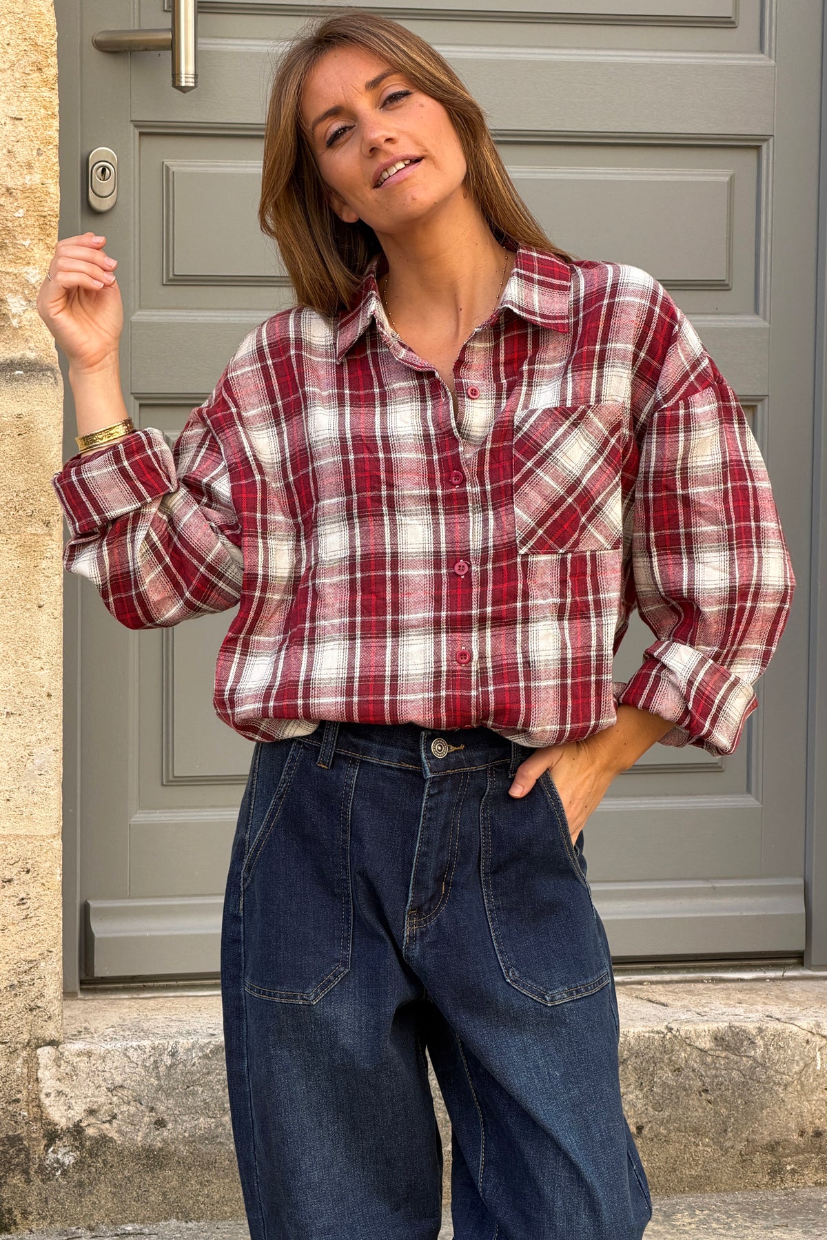 Chemise écrue en flanelle motifs carreaux tartan Ecossais bordeaux
