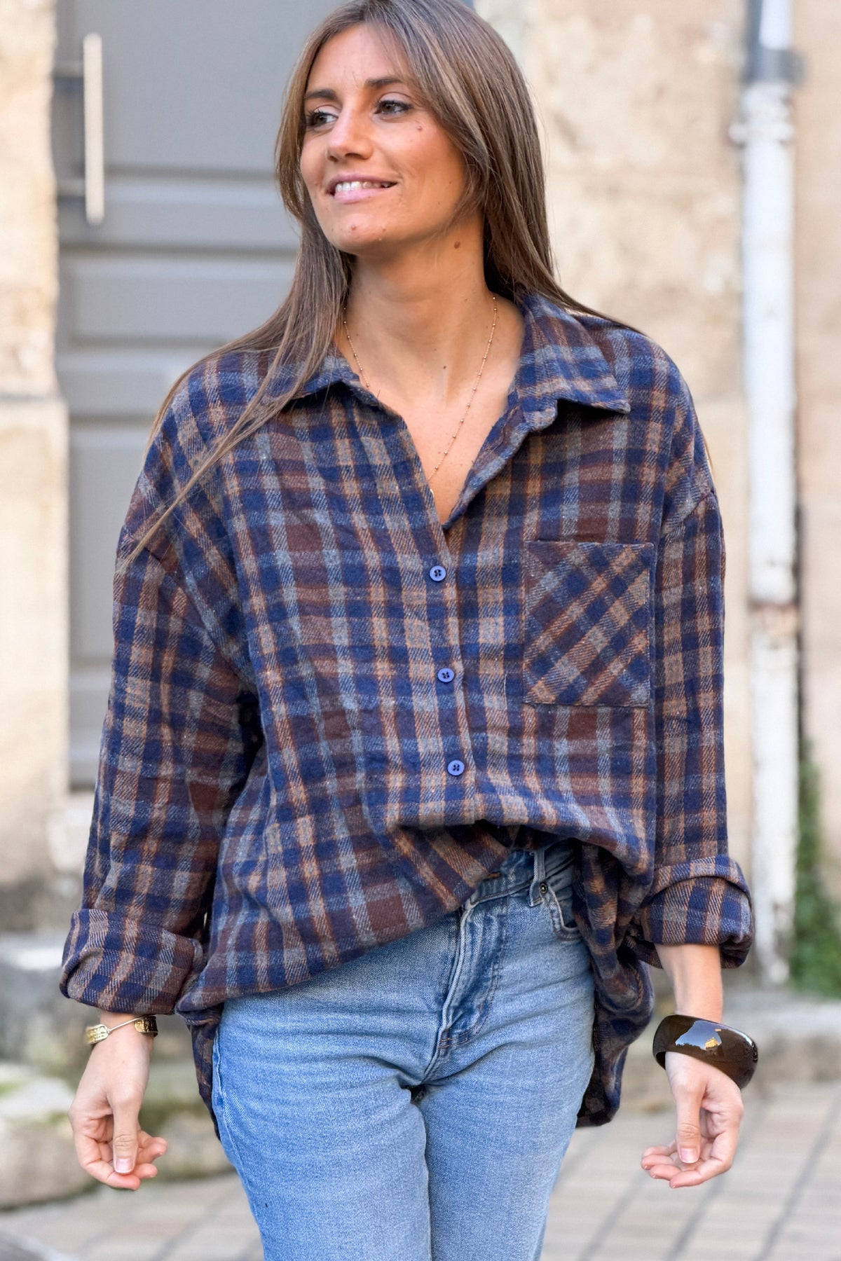 Navy Plaid Boyfriend Button-Down