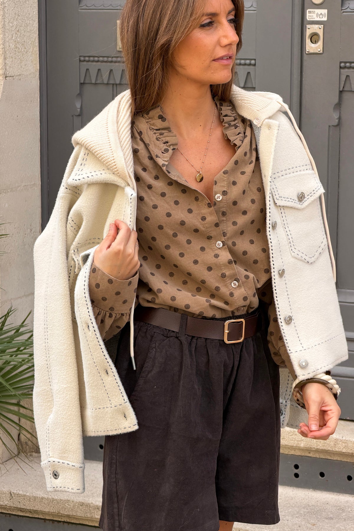 Taupe Ruffled Collar Polka Dot Button-Down Blouse