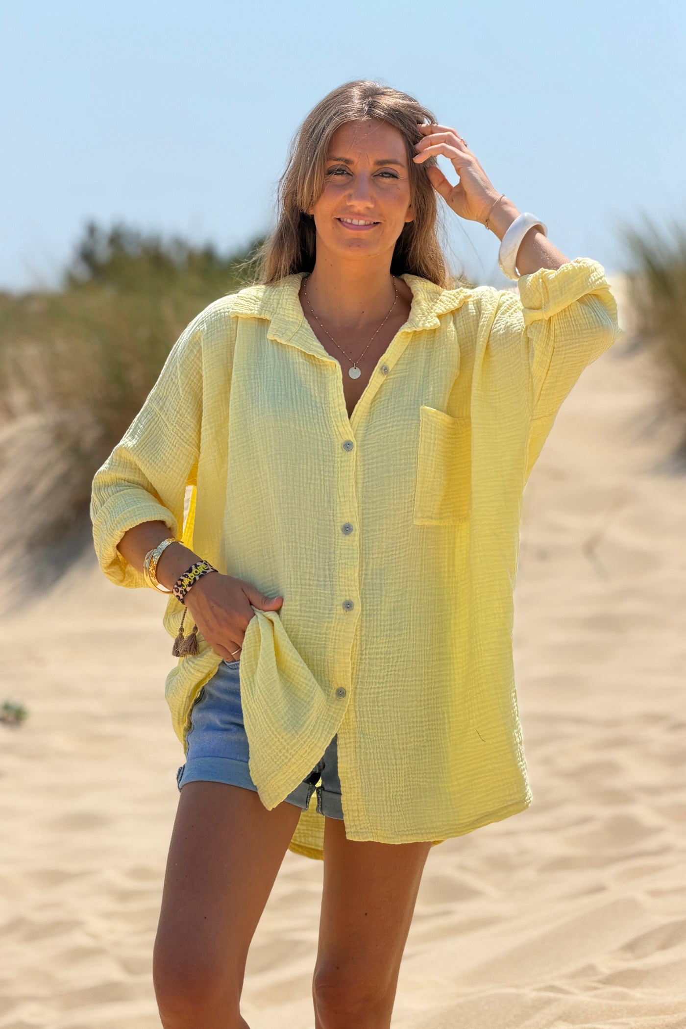 Yellow Crinkle Gauze Button-Down Beach Shirt